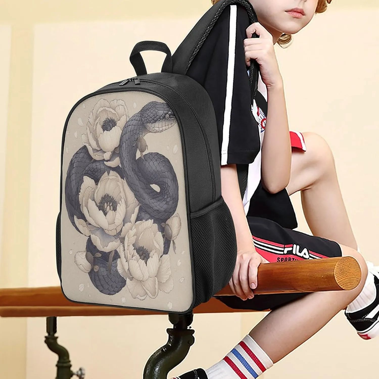 Lightweight Backpacks Cute Travel Bag Durable Black Snake And Flower Printing Small Travel Backpack For Women & Men
