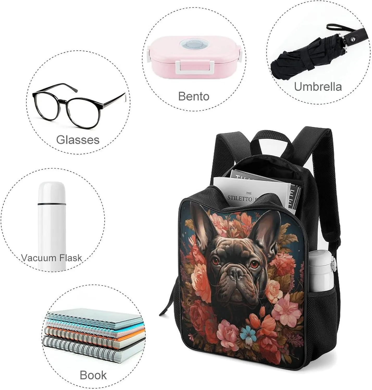 Lightweight Backpacks Cute Travel Bag Durable Bulldog And Flowers Printing Small Travel Backpack For Women & Men