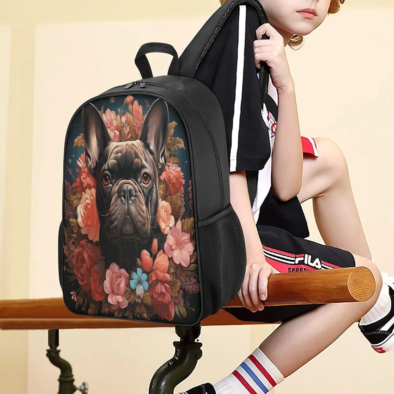 Lightweight Backpacks Cute Travel Bag Durable Bulldog And Flowers Printing Small Travel Backpack For Women & Men