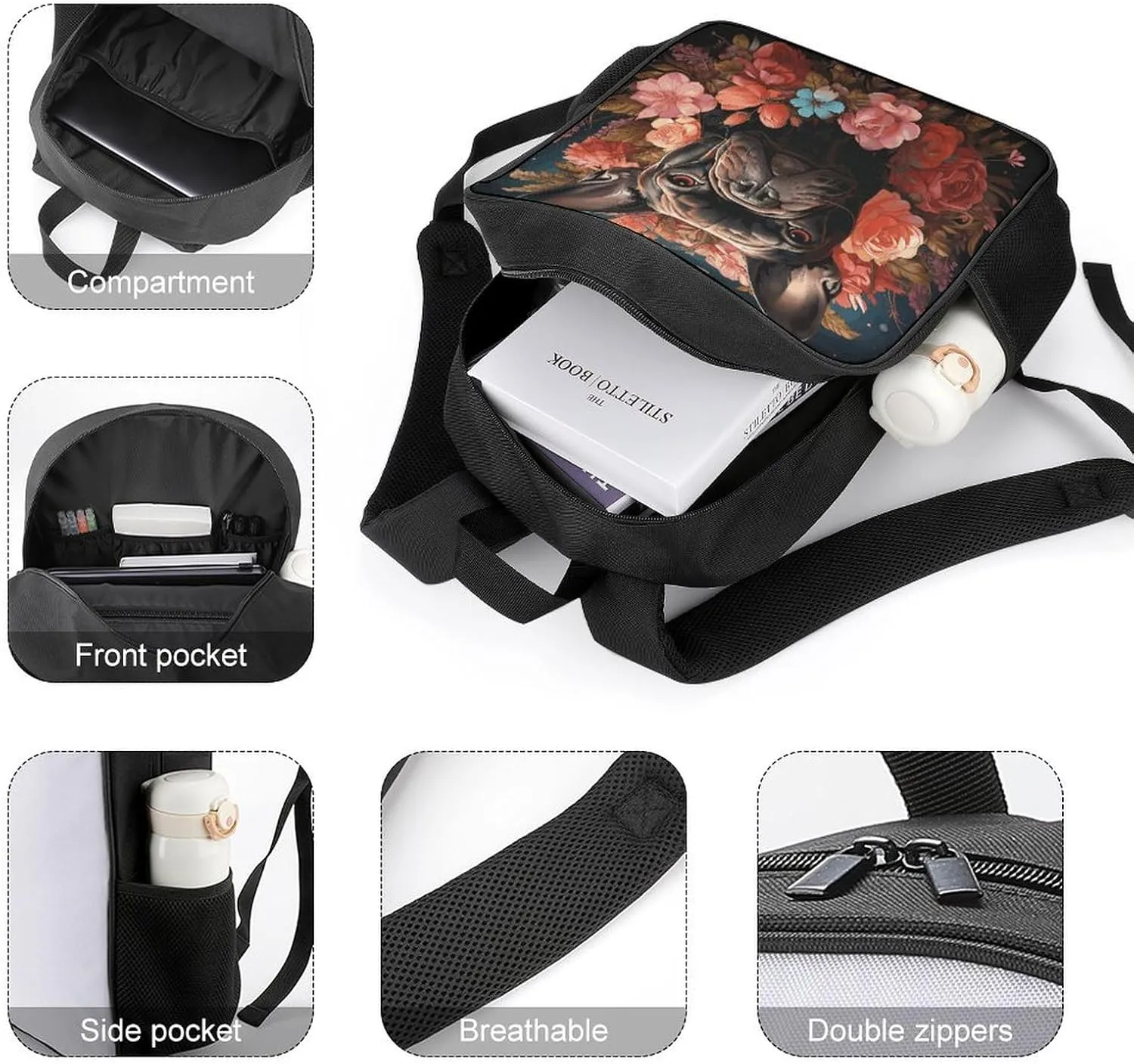 Lightweight Backpacks Cute Travel Bag Durable Bulldog And Flowers Printing Small Travel Backpack For Women & Men