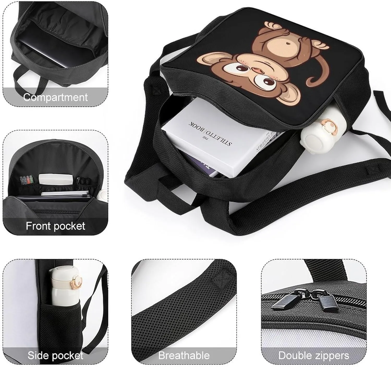 Lightweight Backpacks Cute Travel Bag Durable Cartoon Brown Monkey Printing Small Travel Backpack For Women & Men
