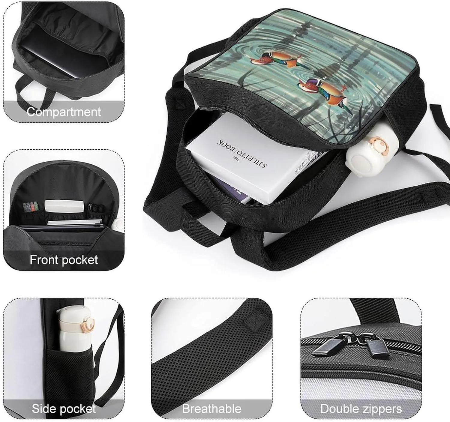 Lightweight Backpacks Cute Travel Bag Durable Chinese Style Mandarin Ducks Printing Small Travel Backpack For Women & Men