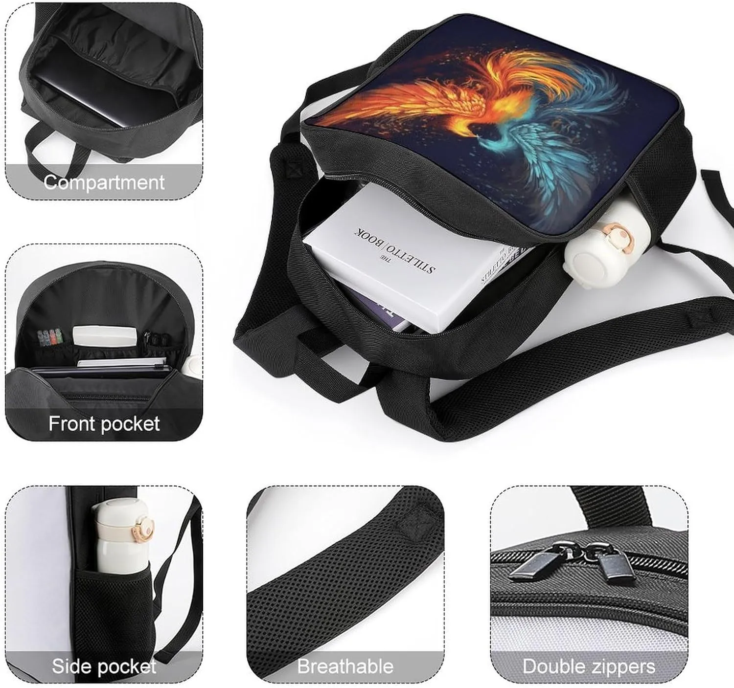 Lightweight Backpacks Cute Travel Bag Durable Fire And Water Wyvern Printing Small Travel Backpack For Women & Men