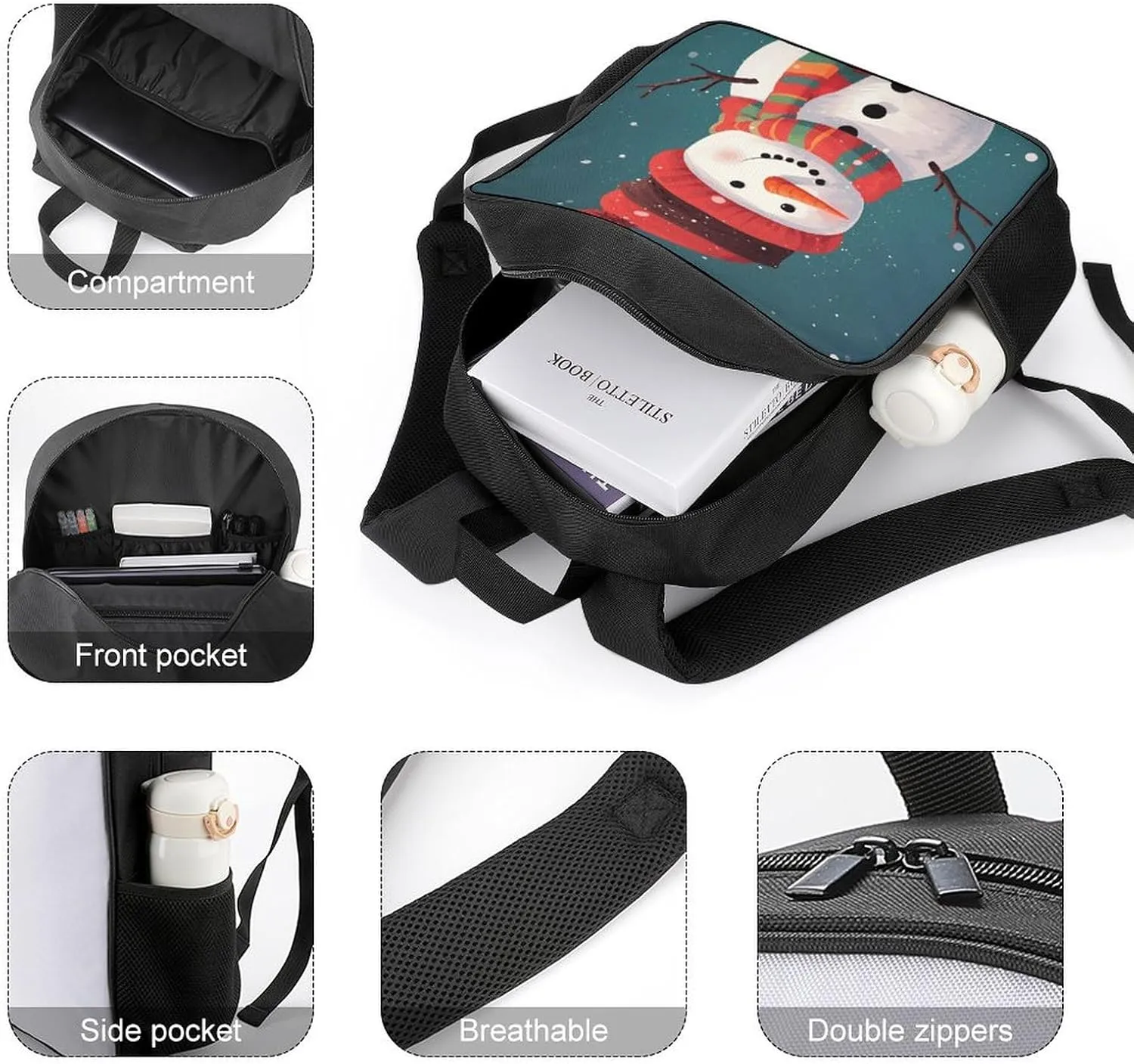 Lightweight Backpacks Cute Travel Bag Durable Xmas Snowman Printing Small Travel Backpack For Women & Men