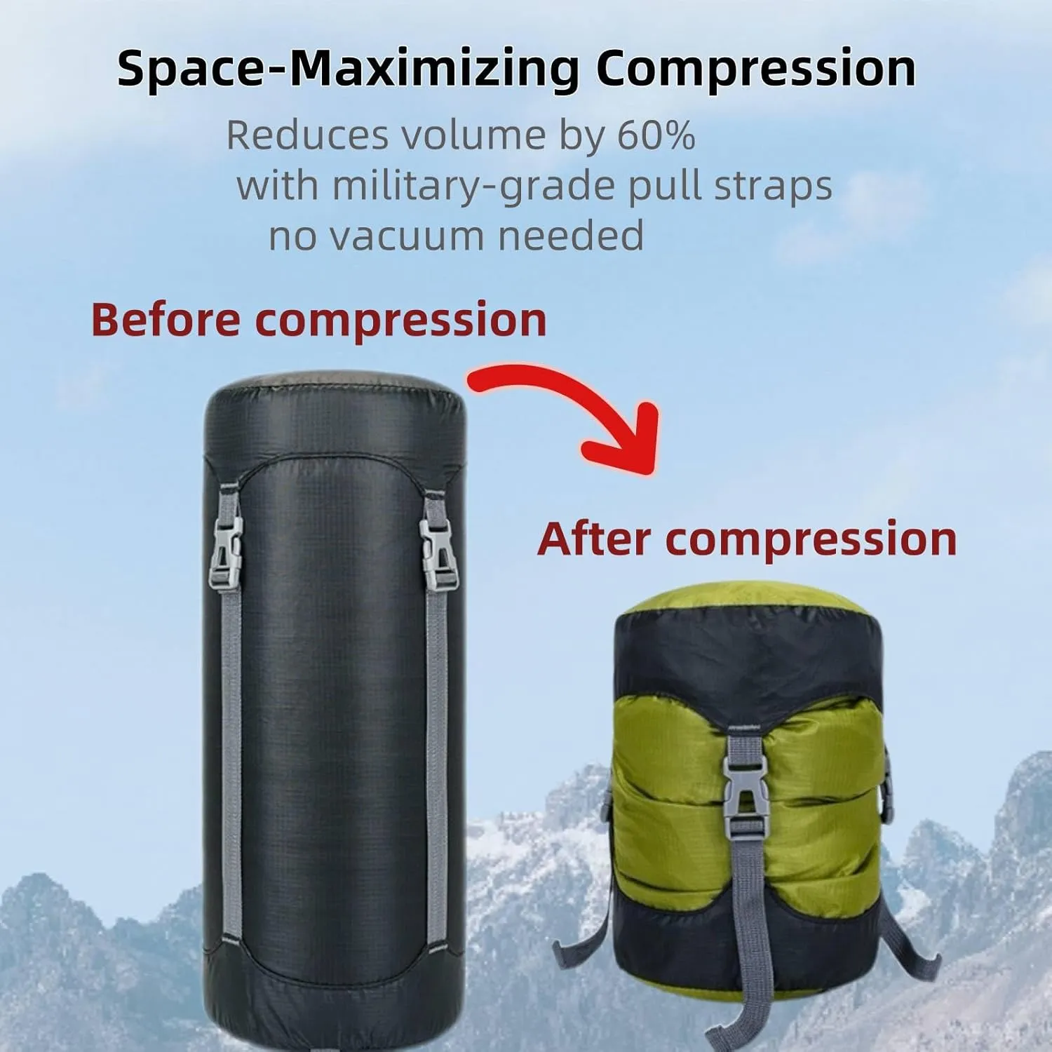 Lightweight Compression Sack,11L/18L/30L/45L/52L,Lightweight Sleeping Bag Compression Sack Great for Backpacking, Hiking and Camping,Black/Green.