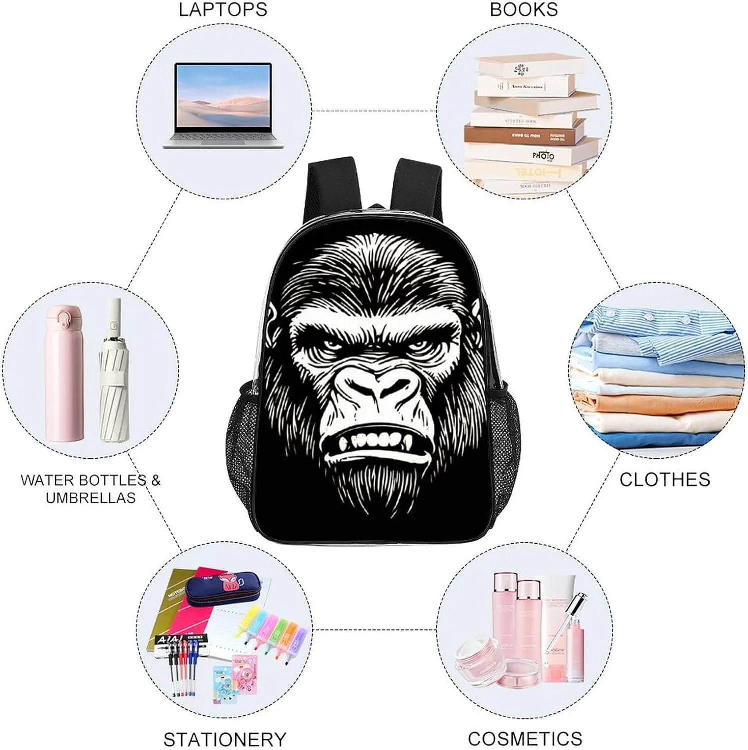 Lightweight Daypack Backpack for Sports Travel Running - Large Capacity Multipurpose Transparent Bookbag, Cool Gorilla Monkey Black Laptop Backpack Daypack