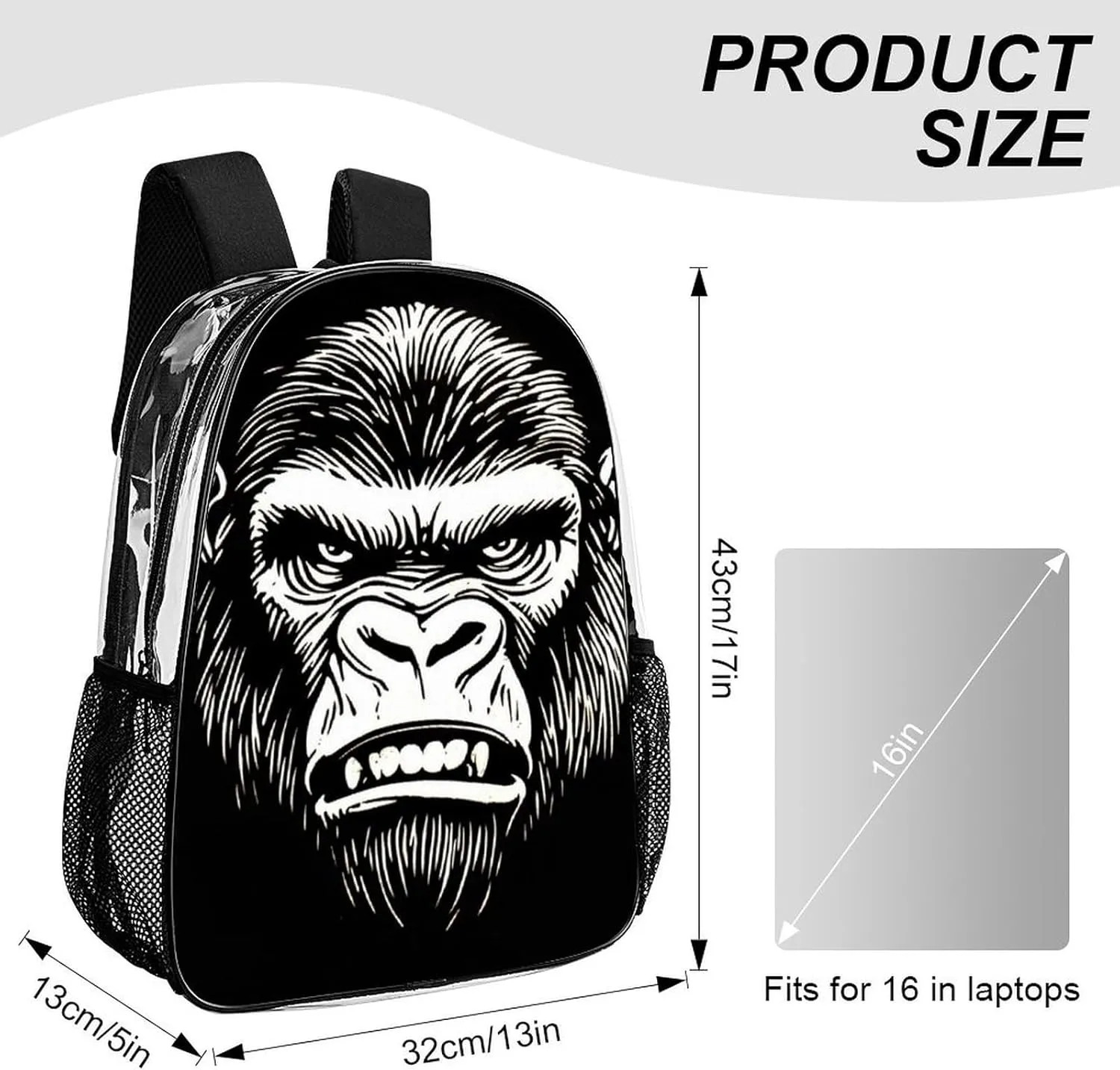 Lightweight Daypack Backpack for Sports Travel Running - Large Capacity Multipurpose Transparent Bookbag, Cool Gorilla Monkey Black Laptop Backpack Daypack