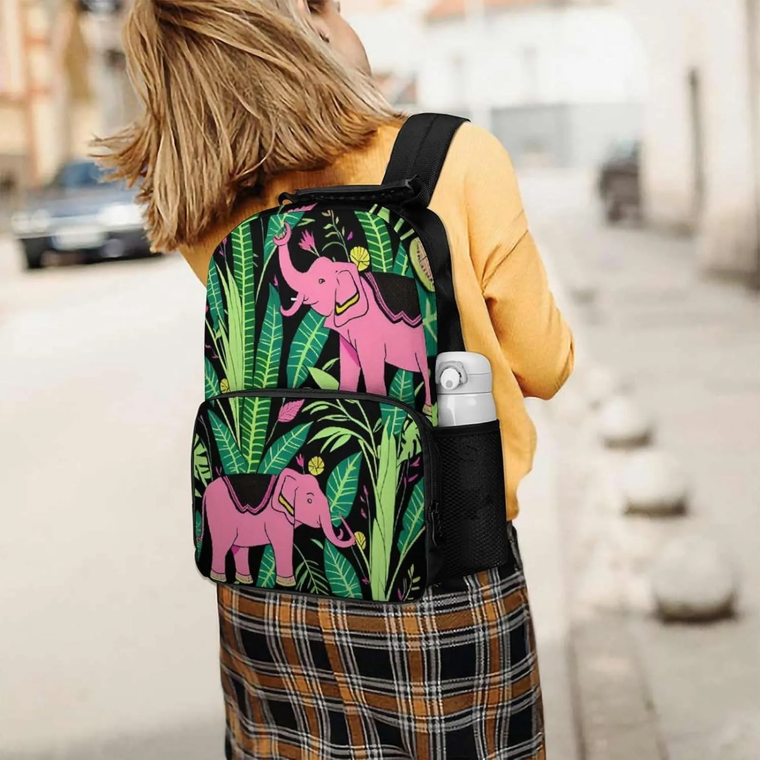 Lightweight Daypack Backpack for Trekking Work Running - Big Capacity Multipurpose Anti-Theft Bookbag, Pink Elephant Banana Leaf Art Business Computer Bag