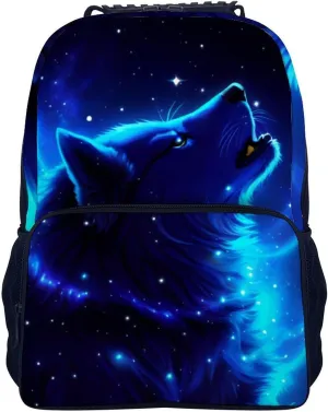Lightweight Daypack Bookbag for Trekking Business Walking Cycling - Big Capacity Anti-Theft Multipurpose Carry On Bag, Blue Universe Galaxy Magic Wolf In The Space Art Business Computer Bag