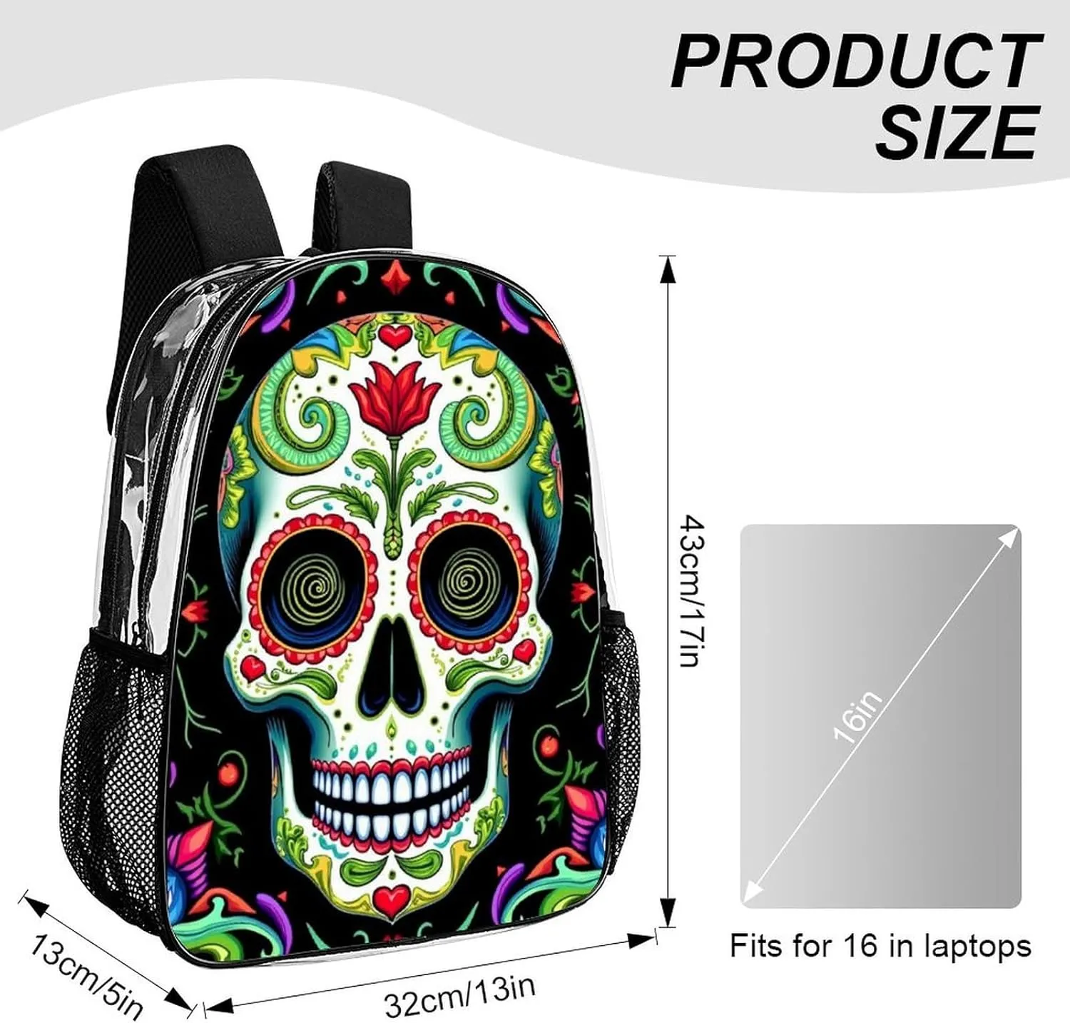 Lightweight Daypack for Camping Business Walking Cycling - Large Capacity Transparent Multipurpose Bookbag, Day Of The Dead Vintage Mexican Flower Sugar Skulls Gym Outdoor Hiking Backpack