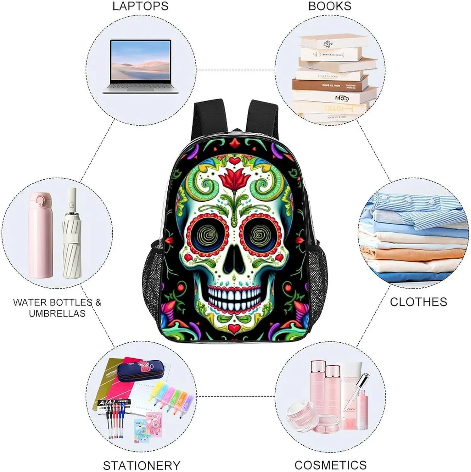 Lightweight Daypack for Camping Business Walking Cycling - Large Capacity Transparent Multipurpose Bookbag, Day Of The Dead Vintage Mexican Flower Sugar Skulls Gym Outdoor Hiking Backpack