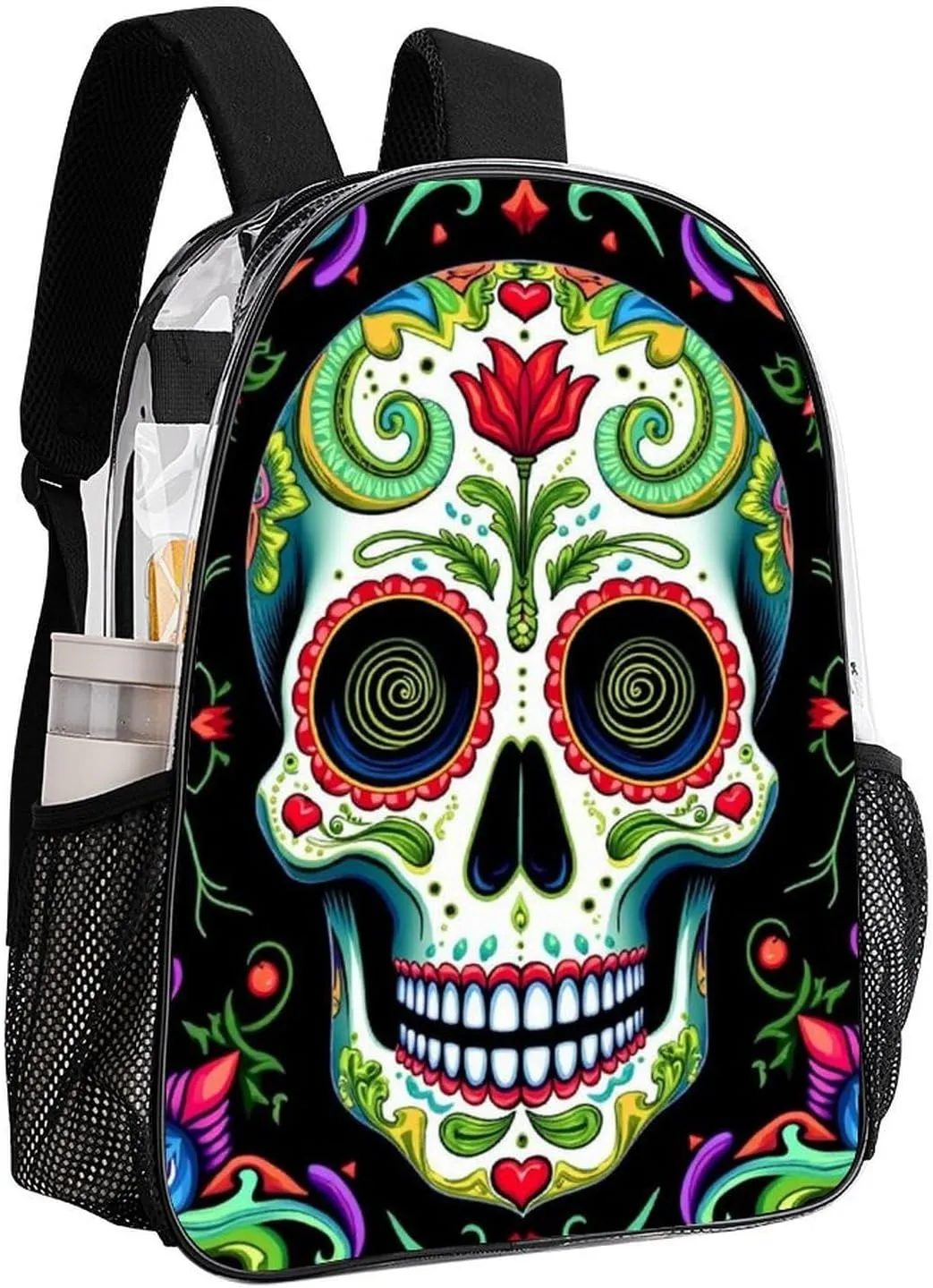 Lightweight Daypack for Camping Business Walking Cycling - Large Capacity Transparent Multipurpose Bookbag, Day Of The Dead Vintage Mexican Flower Sugar Skulls Gym Outdoor Hiking Backpack