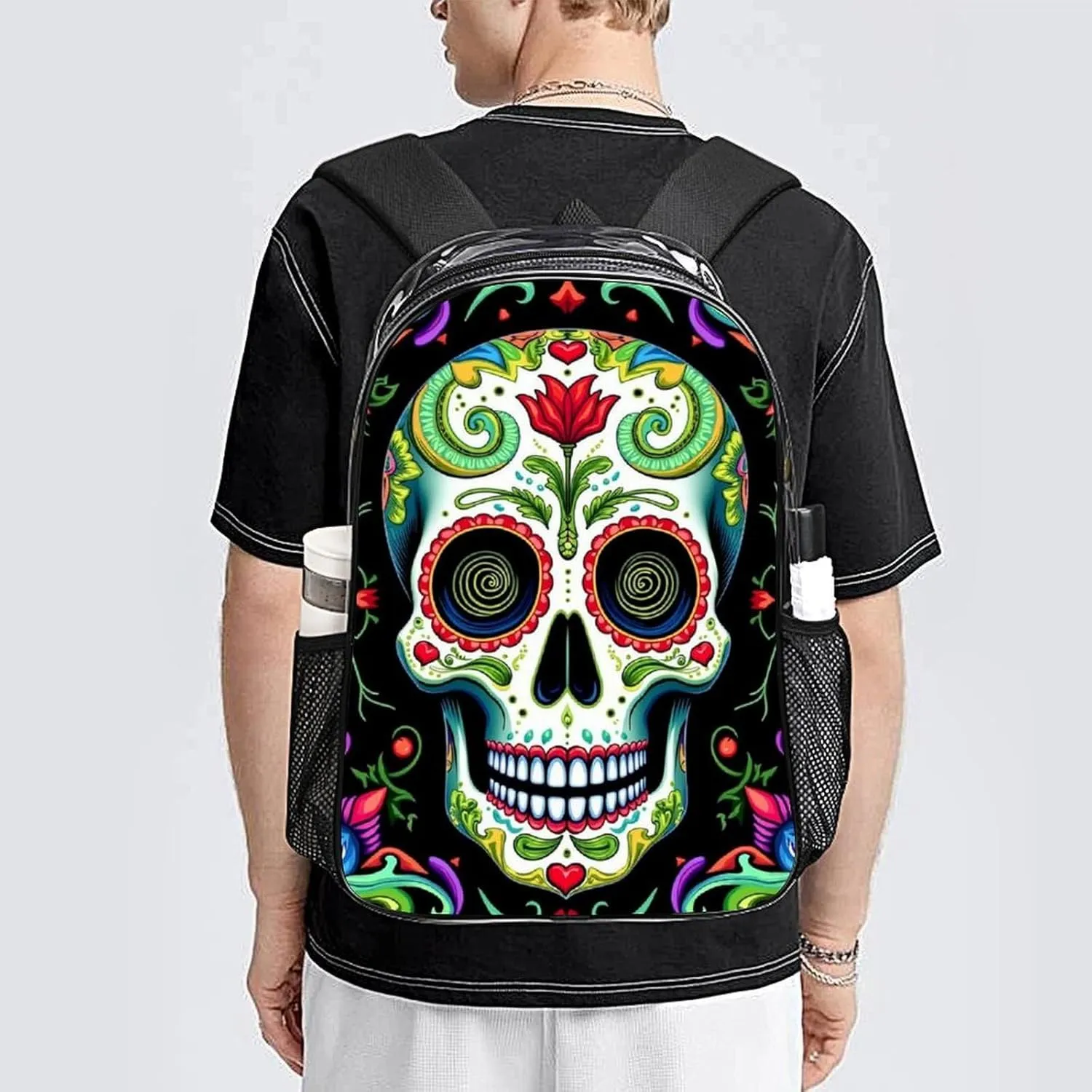 Lightweight Daypack for Camping Business Walking Cycling - Large Capacity Transparent Multipurpose Bookbag, Day Of The Dead Vintage Mexican Flower Sugar Skulls Gym Outdoor Hiking Backpack