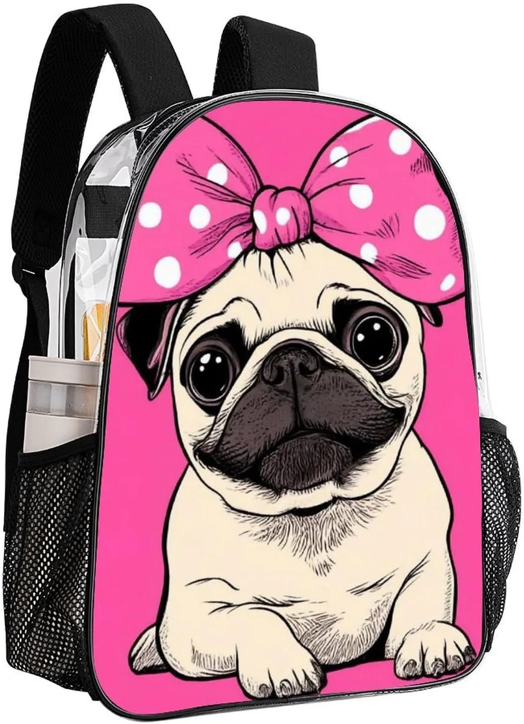 Lightweight Rucksacks for Camping Picnic Cycling - Large Capacity Multipurpose Transparent Carry On Bag, Cute Cartoon Pug Dog Pink Travel Hiking & Camping Rucksack