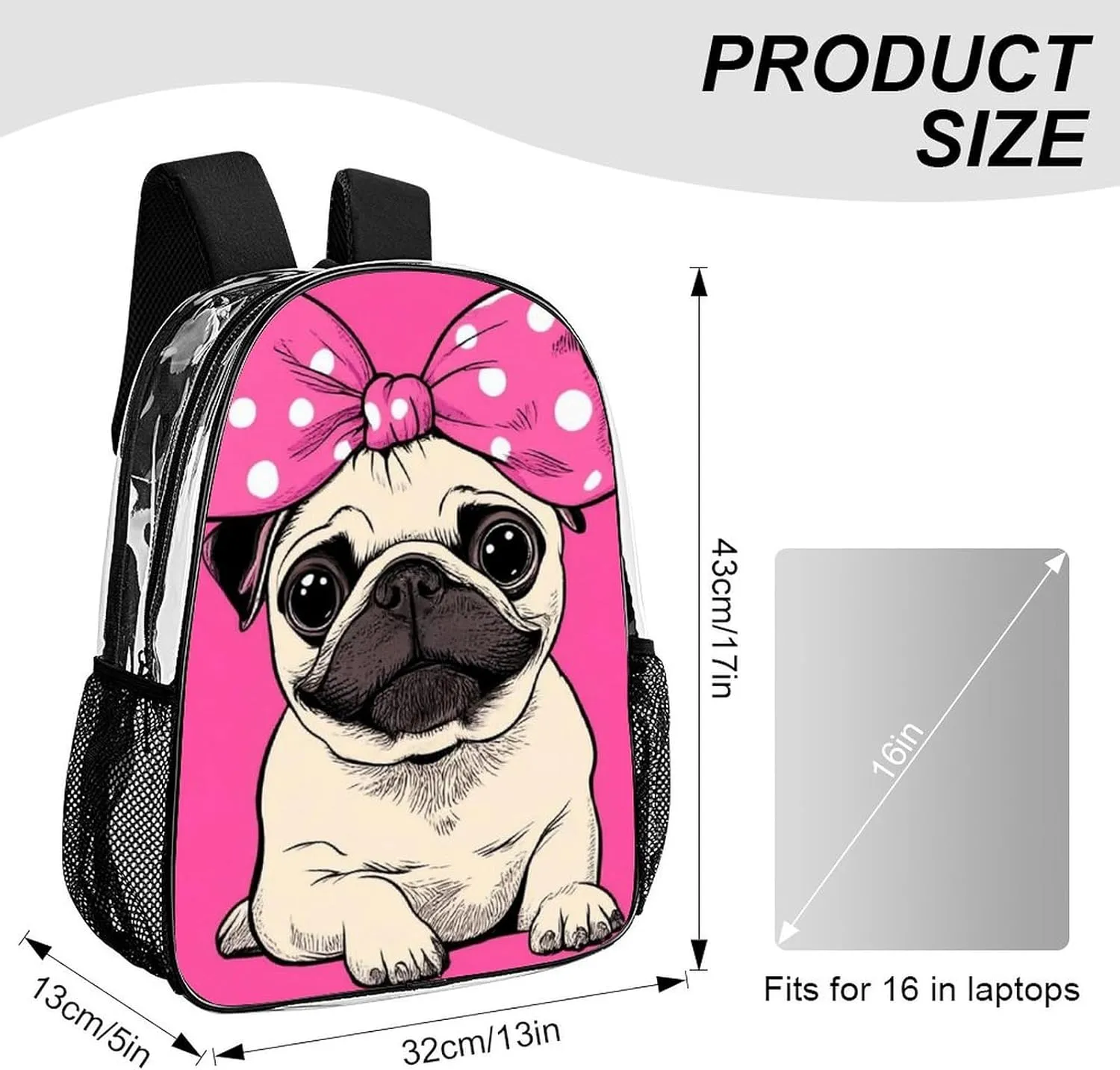 Lightweight Rucksacks for Camping Picnic Cycling - Large Capacity Multipurpose Transparent Carry On Bag, Cute Cartoon Pug Dog Pink Travel Hiking & Camping Rucksack