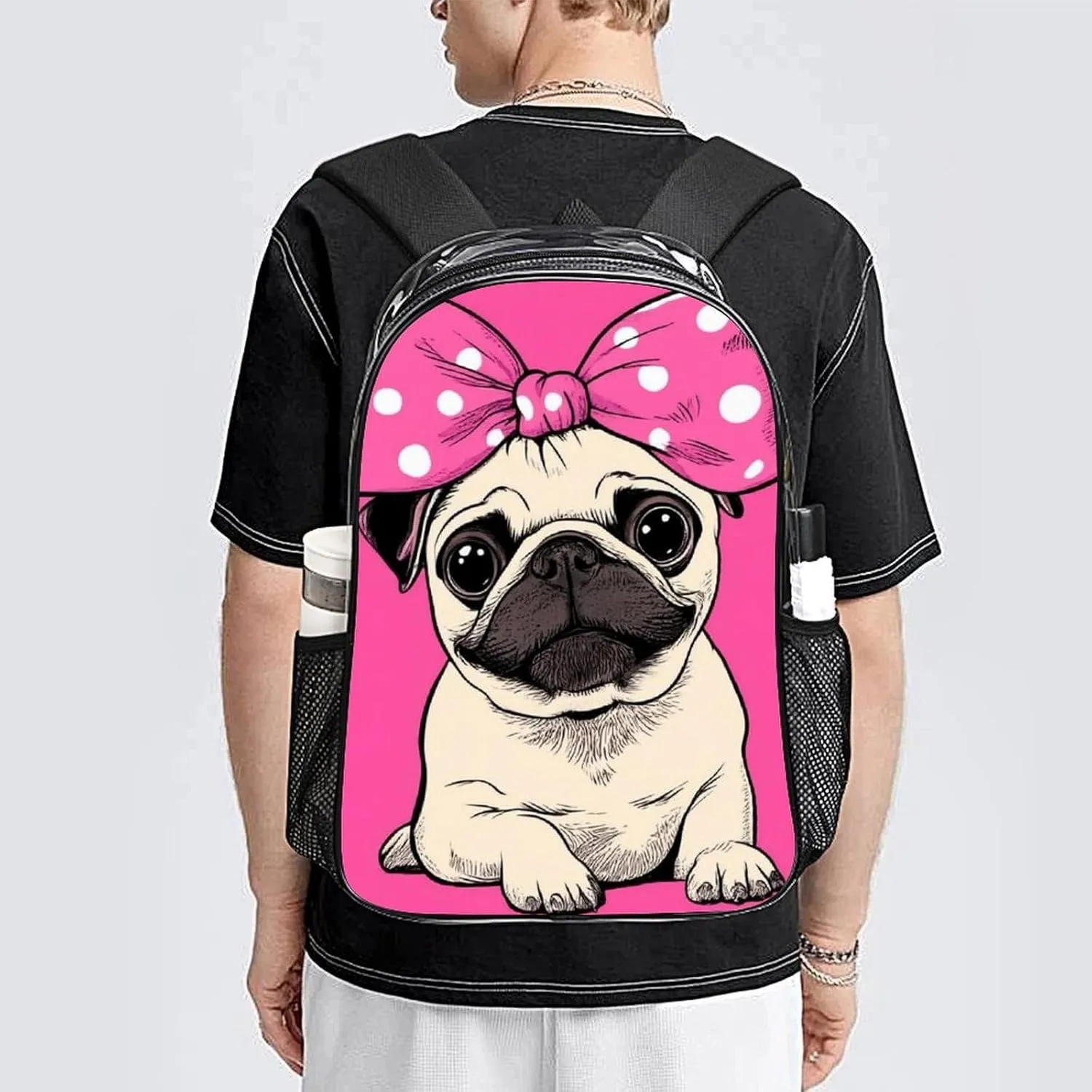Lightweight Rucksacks for Camping Picnic Cycling - Large Capacity Multipurpose Transparent Carry On Bag, Cute Cartoon Pug Dog Pink Travel Hiking & Camping Rucksack
