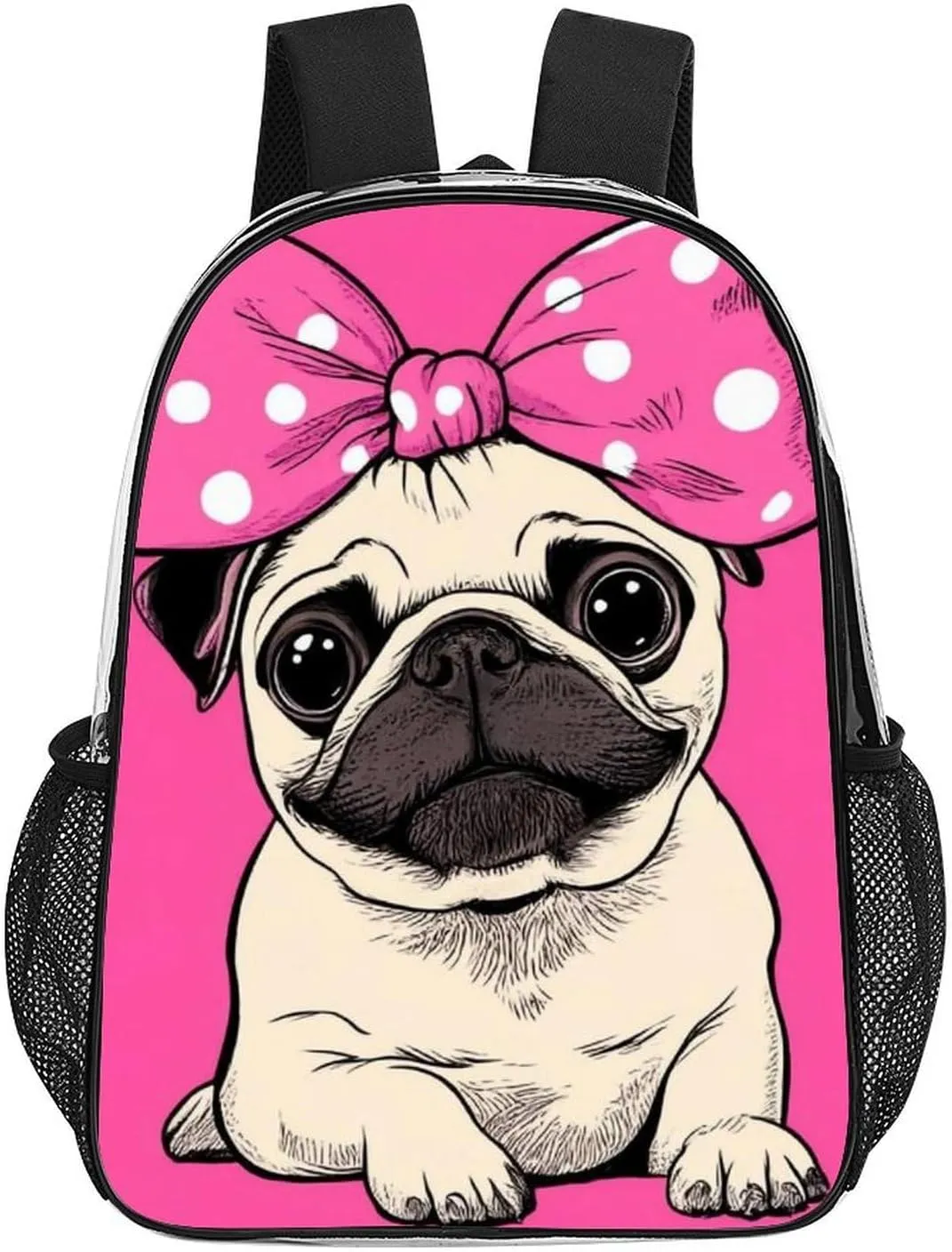 Lightweight Rucksacks for Camping Picnic Cycling - Large Capacity Multipurpose Transparent Carry On Bag, Cute Cartoon Pug Dog Pink Travel Hiking & Camping Rucksack