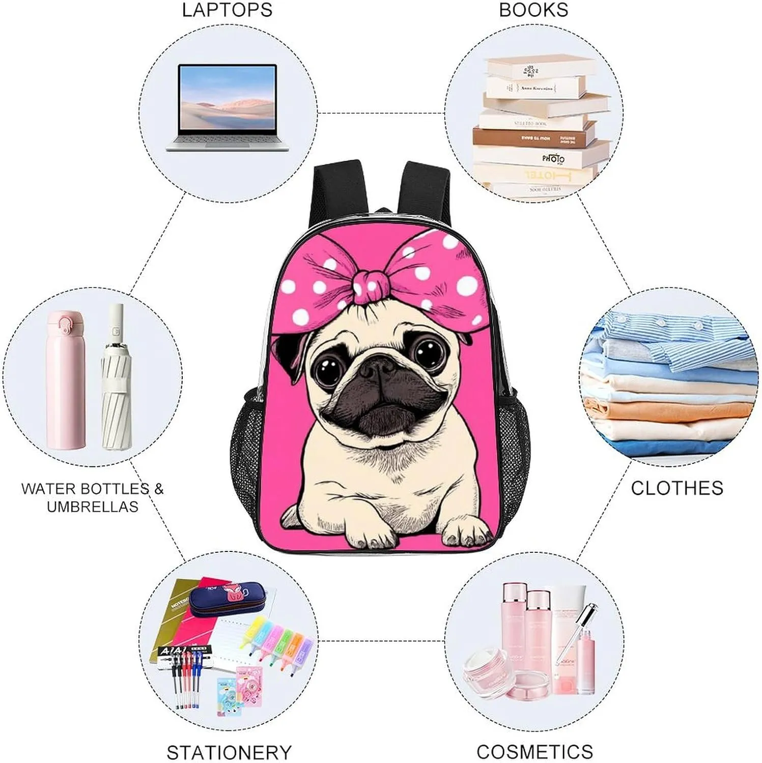 Lightweight Rucksacks for Camping Picnic Cycling - Large Capacity Multipurpose Transparent Carry On Bag, Cute Cartoon Pug Dog Pink Travel Hiking & Camping Rucksack