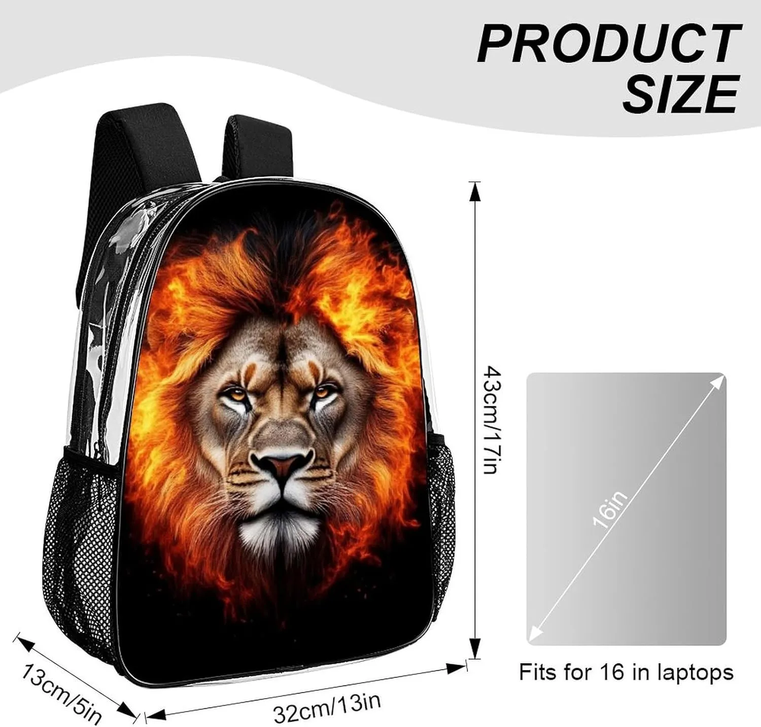 Lightweight Rucksacks for Climbing Outdoors Walking Cycling - Large Capacity Transparent Multipurpose Carry On Bag, Cool Flaming Lion Fire Art Camping Outdoor Backpack