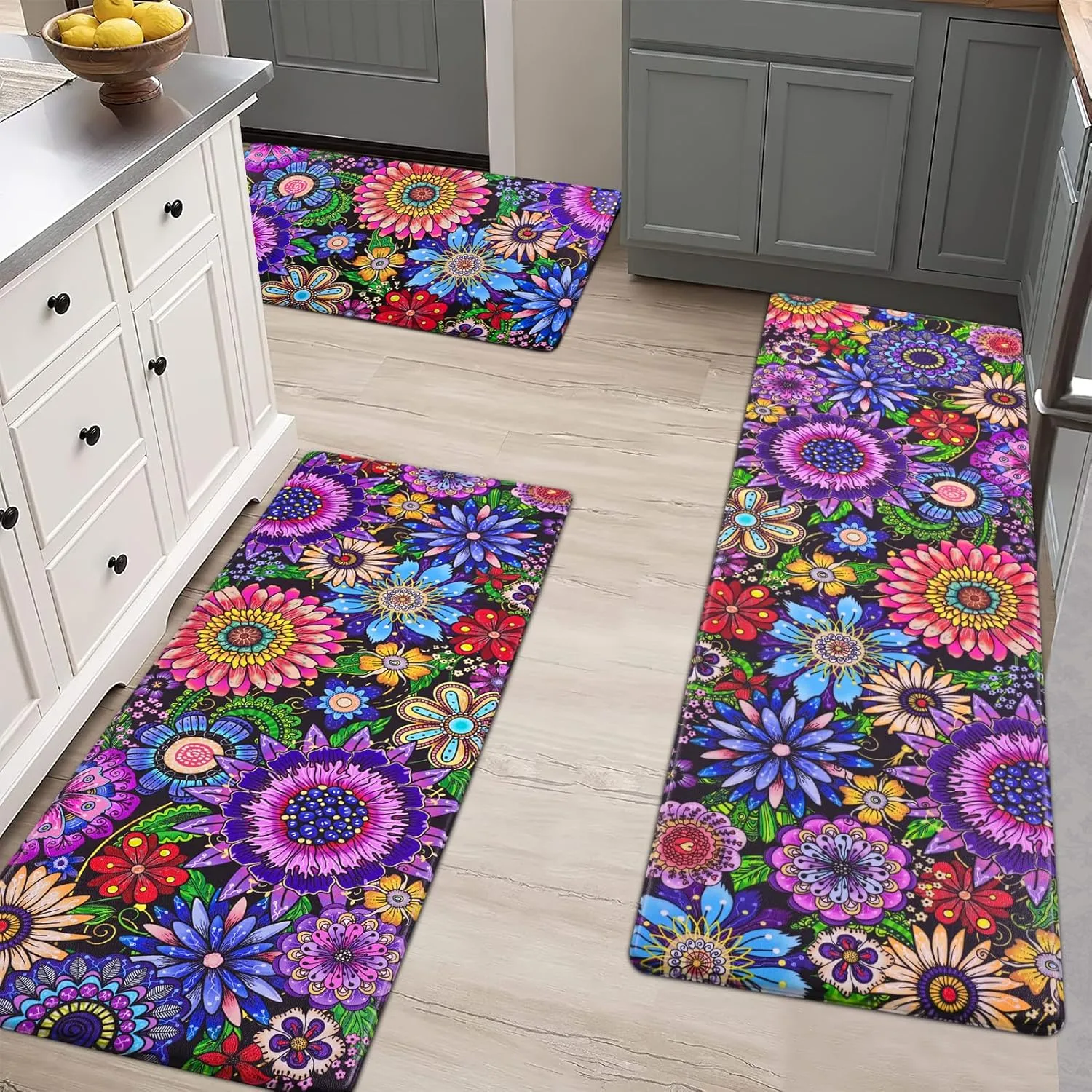 Likiyol Boho Kitchen Rugs, Boho Floral Anti Fatigue Kitchen Mat for Floor, Bohemian Flowers Non Slip Washable Kitchen Floor Mats, Comfort Standing Mat, 18''x30'' 18''x48'' 18''x60'', Floral