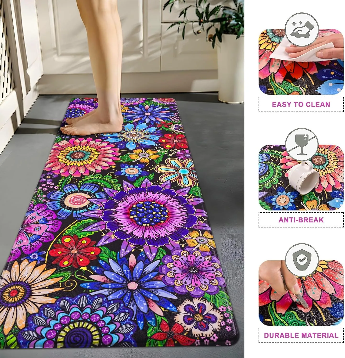 Likiyol Boho Kitchen Rugs, Boho Floral Anti Fatigue Kitchen Mat for Floor, Bohemian Flowers Non Slip Washable Kitchen Floor Mats, Comfort Standing Mat, 18''x30'' 18''x48'' 18''x60'', Floral
