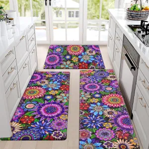 Likiyol Boho Kitchen Rugs, Boho Floral Anti Fatigue Kitchen Mat for Floor, Bohemian Flowers Non Slip Washable Kitchen Floor Mats, Comfort Standing Mat, 18''x30'' 18''x48'' 18''x60'', Floral