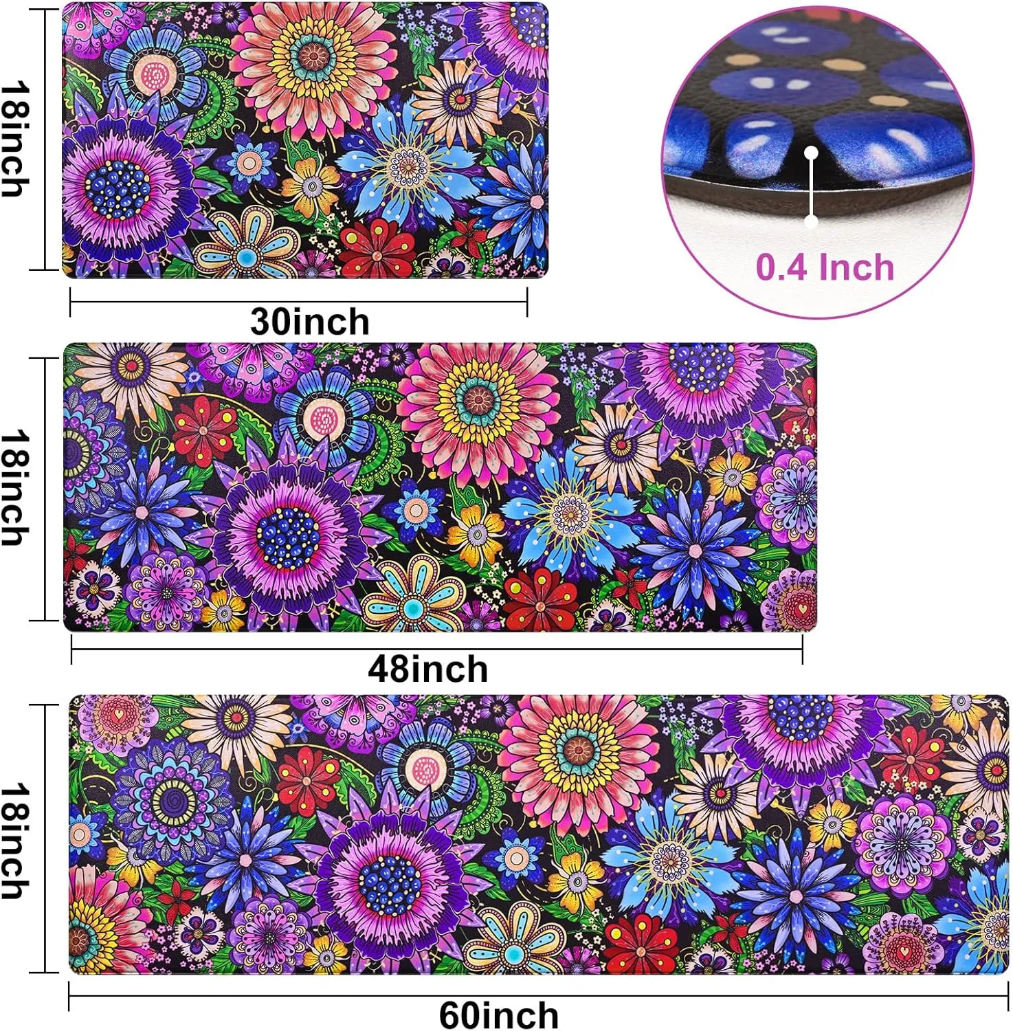 Likiyol Boho Kitchen Rugs, Boho Floral Anti Fatigue Kitchen Mat for Floor, Bohemian Flowers Non Slip Washable Kitchen Floor Mats, Comfort Standing Mat, 18''x30'' 18''x48'' 18''x60'', Floral