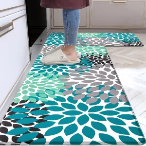 Likiyol Kitchen Mats for Floor [2 PCS] Anti-Fatigue Kitchen Rugs Non Slip Washable Boho Flower Waterproof Kitchen Decor Cushioned Comfort Standing Floor Mats for Home/Office 18''x48'' 18''x60''(Teal)