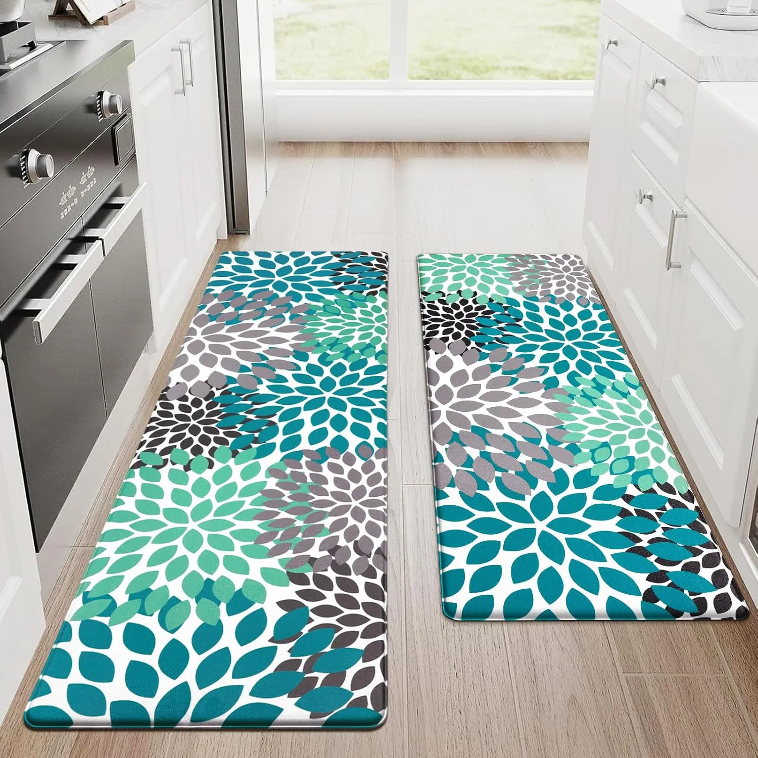 Likiyol Kitchen Mats for Floor [2 PCS] Anti-Fatigue Kitchen Rugs Non Slip Washable Boho Flower Waterproof Kitchen Decor Cushioned Comfort Standing Floor Mats for Home/Office 18''x48'' 18''x60''(Teal)