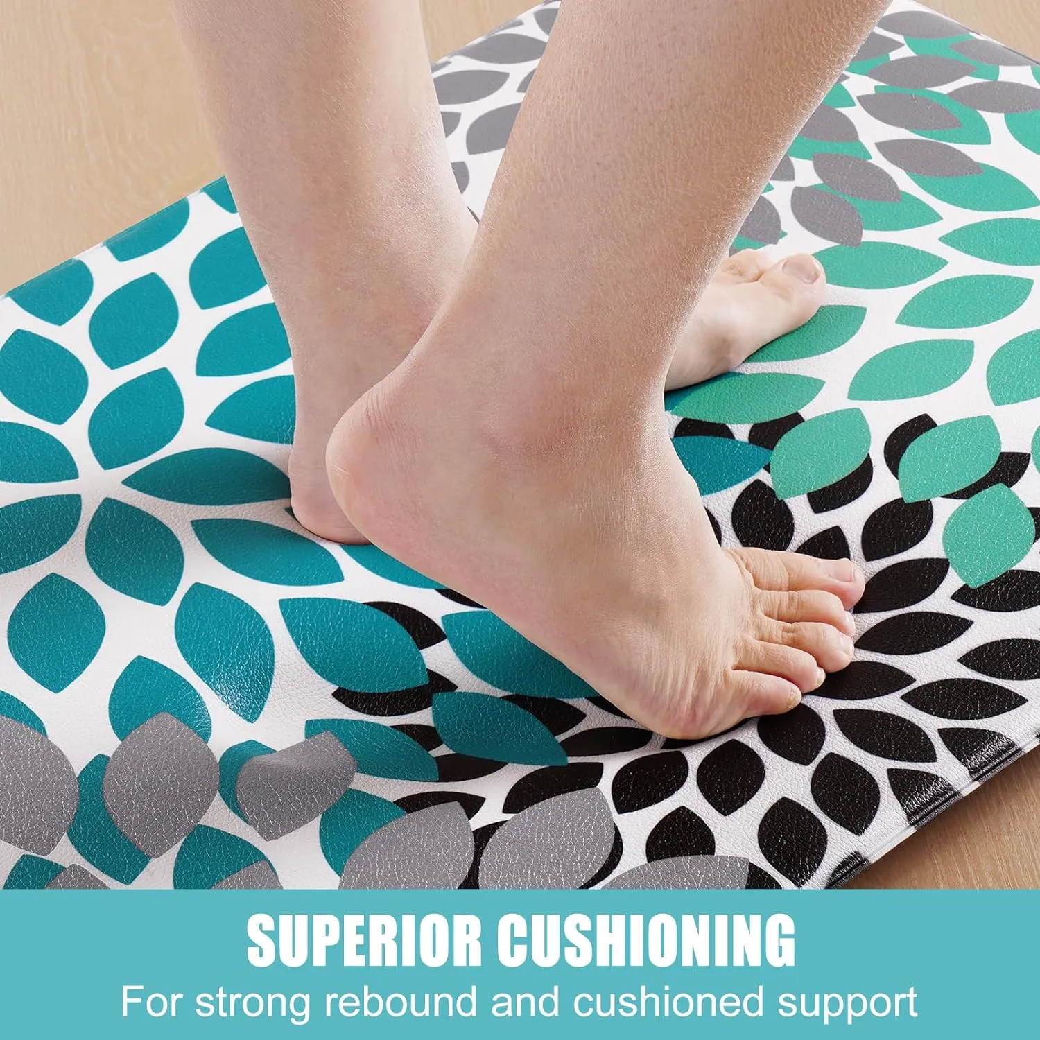Likiyol Kitchen Mats for Floor [2 PCS] Anti-Fatigue Kitchen Rugs Non Slip Washable Boho Flower Waterproof Kitchen Decor Cushioned Comfort Standing Floor Mats for Home/Office 18''x48'' 18''x60''(Teal)