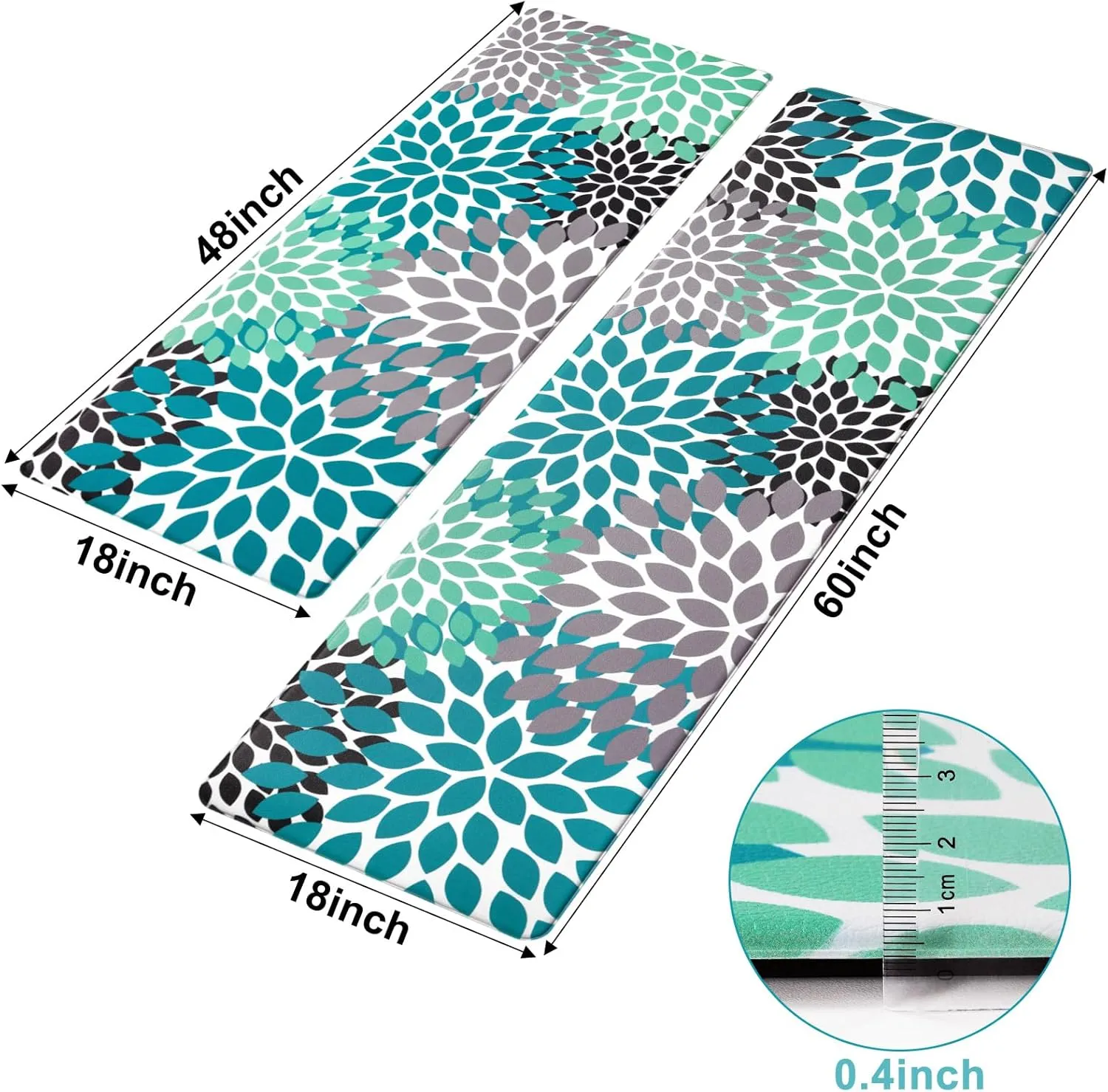 Likiyol Kitchen Mats for Floor [2 PCS] Anti-Fatigue Kitchen Rugs Non Slip Washable Boho Flower Waterproof Kitchen Decor Cushioned Comfort Standing Floor Mats for Home/Office 18''x48'' 18''x60''(Teal)