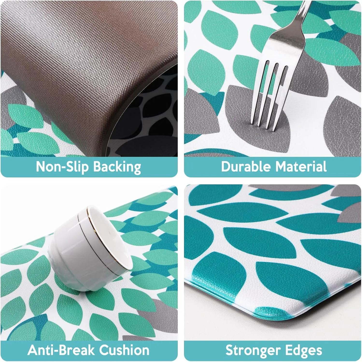 Likiyol Kitchen Mats for Floor [2 PCS] Anti-Fatigue Kitchen Rugs Non Slip Washable Boho Flower Waterproof Kitchen Decor Cushioned Comfort Standing Floor Mats for Home/Office 18''x48'' 18''x60''(Teal)
