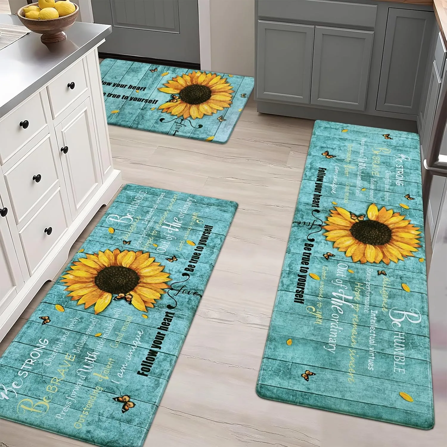 Likiyol Sunflower Kitchen Rugs Sets of 3 Kitchen Mats for Floor Anti Fatigue Mats for Kitchen Floor, Spring Floral Flower Non Slip Washable Standing Floor Mats, 18''x30'' 18''x48'' 18''x60''(Blue)