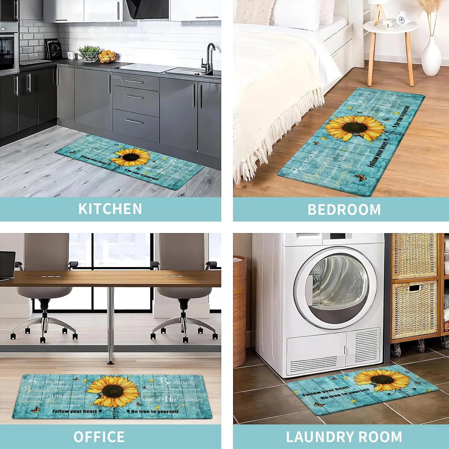 Likiyol Sunflower Kitchen Rugs Sets of 3 Kitchen Mats for Floor Anti Fatigue Mats for Kitchen Floor, Spring Floral Flower Non Slip Washable Standing Floor Mats, 18''x30'' 18''x48'' 18''x60''(Blue)