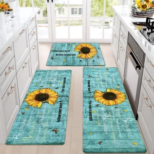 Likiyol Sunflower Kitchen Rugs Sets of 3 Kitchen Mats for Floor Anti Fatigue Mats for Kitchen Floor, Spring Floral Flower Non Slip Washable Standing Floor Mats, 18''x30'' 18''x48'' 18''x60''(Blue)