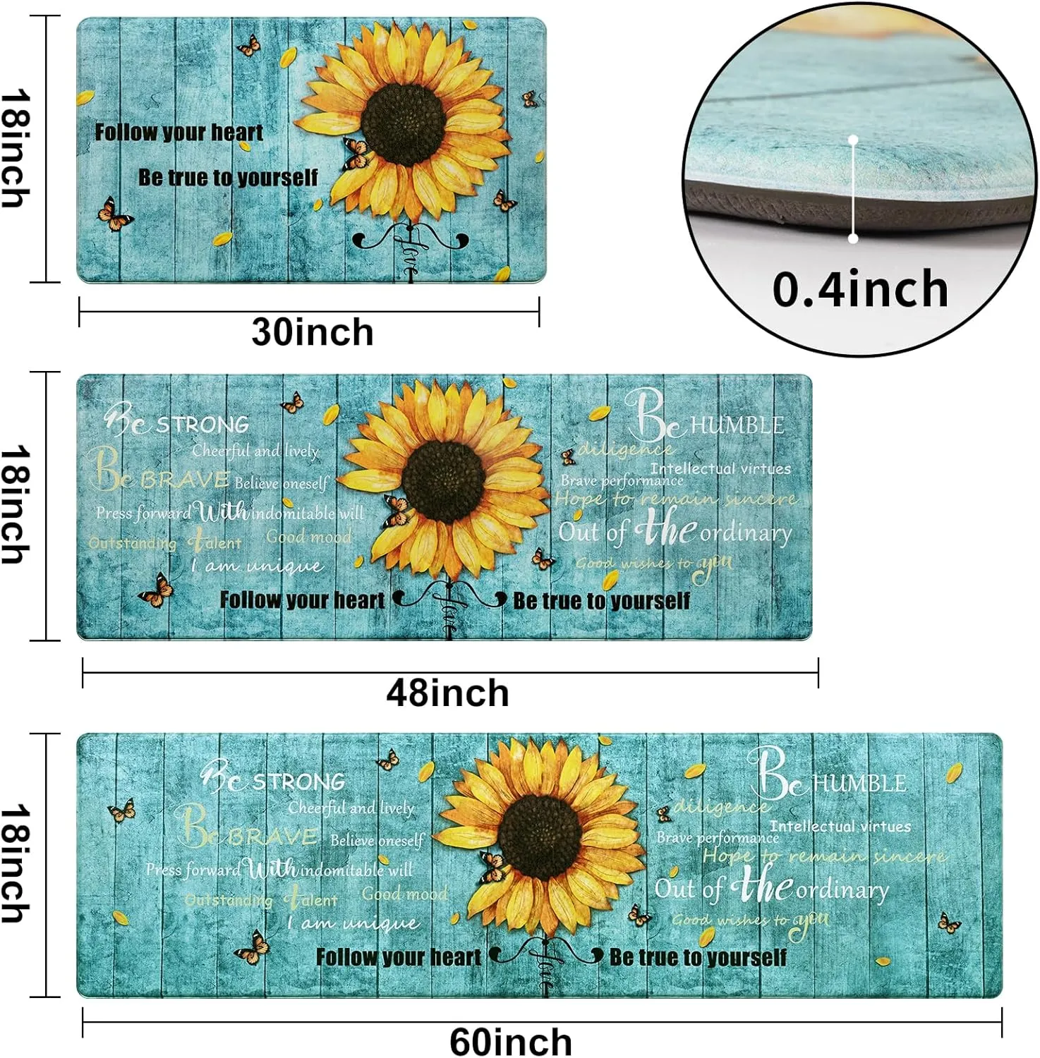 Likiyol Sunflower Kitchen Rugs Sets of 3 Kitchen Mats for Floor Anti Fatigue Mats for Kitchen Floor, Spring Floral Flower Non Slip Washable Standing Floor Mats, 18''x30'' 18''x48'' 18''x60''(Blue)