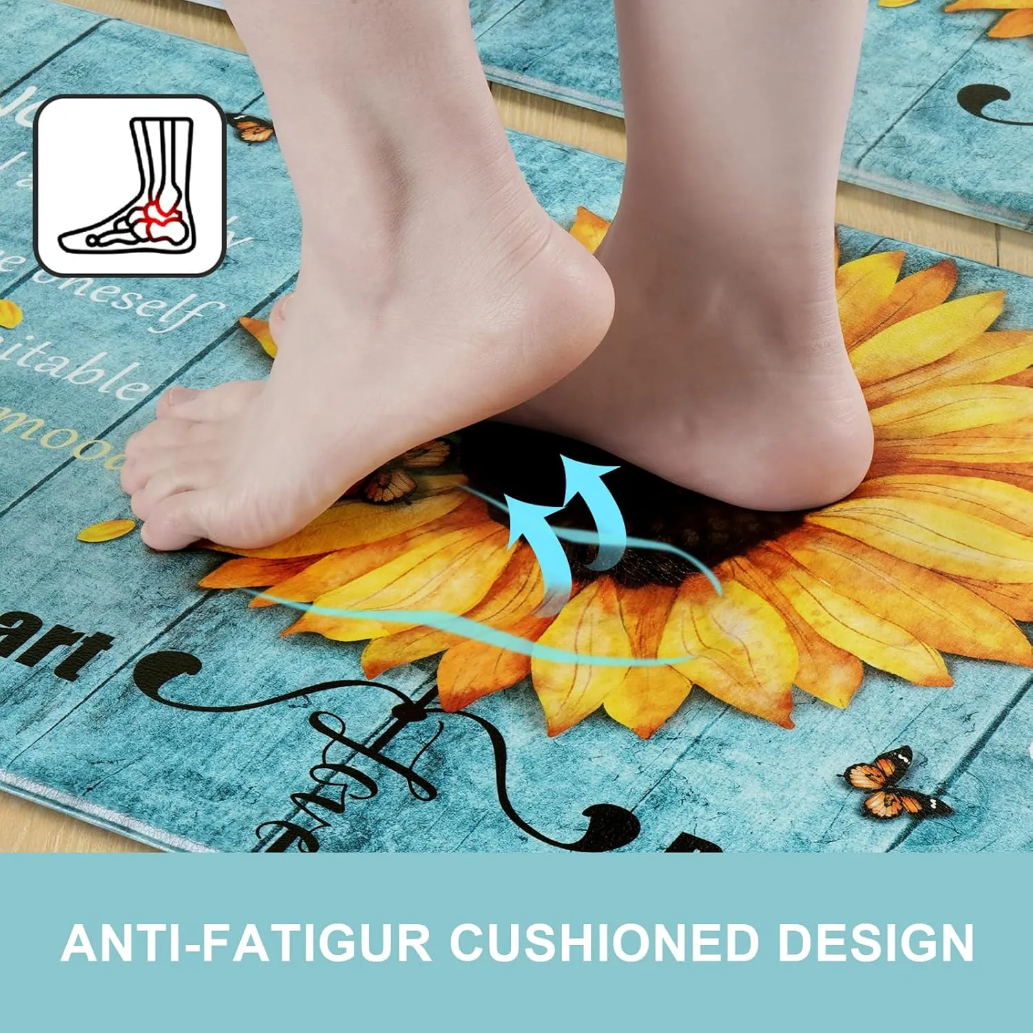 Likiyol Sunflower Kitchen Rugs Sets of 3 Kitchen Mats for Floor Anti Fatigue Mats for Kitchen Floor, Spring Floral Flower Non Slip Washable Standing Floor Mats, 18''x30'' 18''x48'' 18''x60''(Blue)