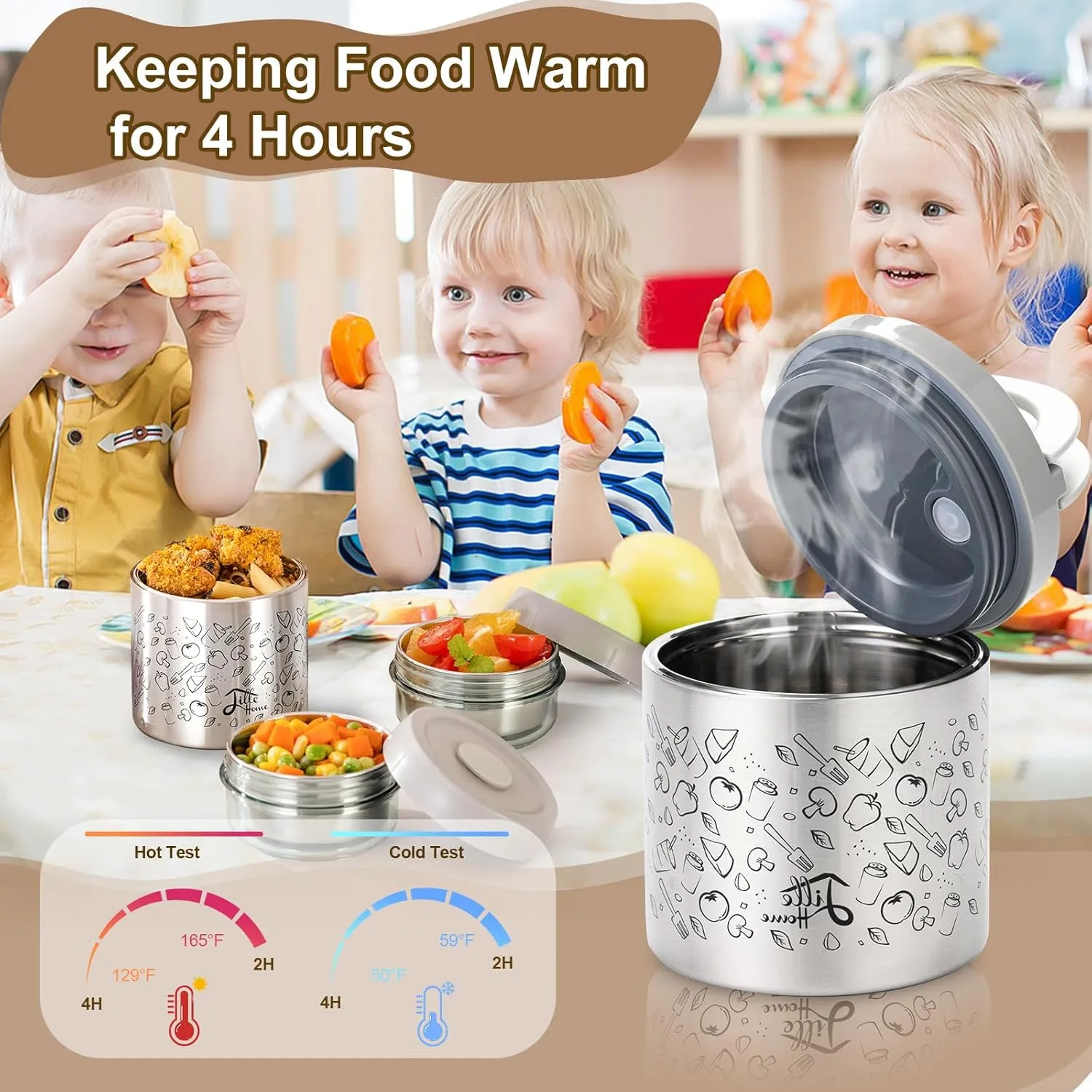 Lille Home Portable Insulated Lunch Box Set with Stainless Steel Cutlery, vacuum lunch box, to Keep Food Warm or Cool, Two Containers for Fruits and Sauces, Durable and Leak-Proof(GREY)