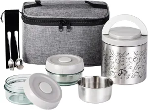 Lille Home Portable Insulated Lunch Box Set with Stainless Steel Cutlery, vacuum lunch box, to Keep Food Warm or Cool, Two Containers for Fruits and Sauces, Durable and Leak-Proof(GREY)