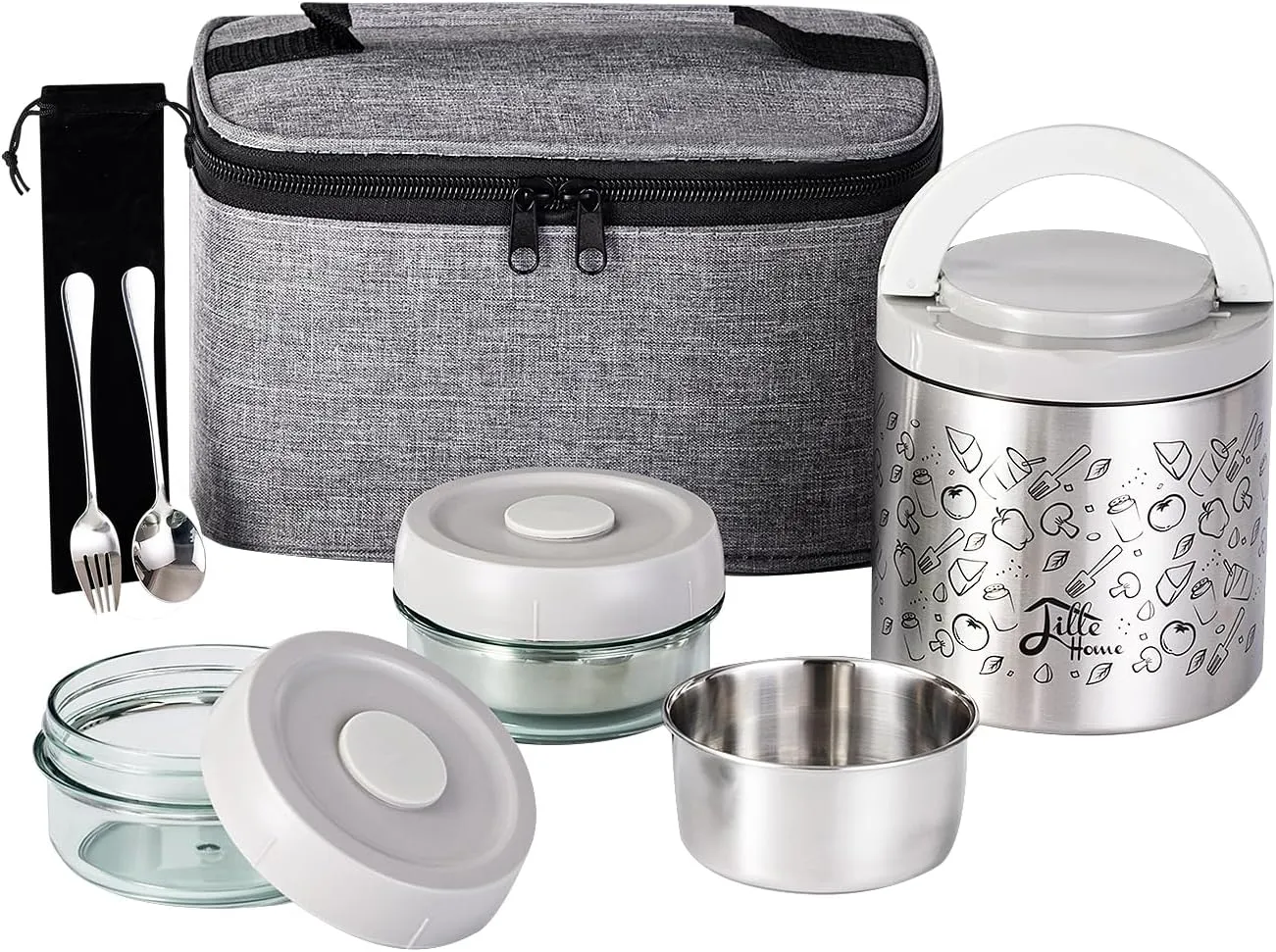 Lille Home Portable Insulated Lunch Box Set with Stainless Steel Cutlery, vacuum lunch box, to Keep Food Warm or Cool, Two Containers for Fruits and Sauces, Durable and Leak-Proof(GREY)