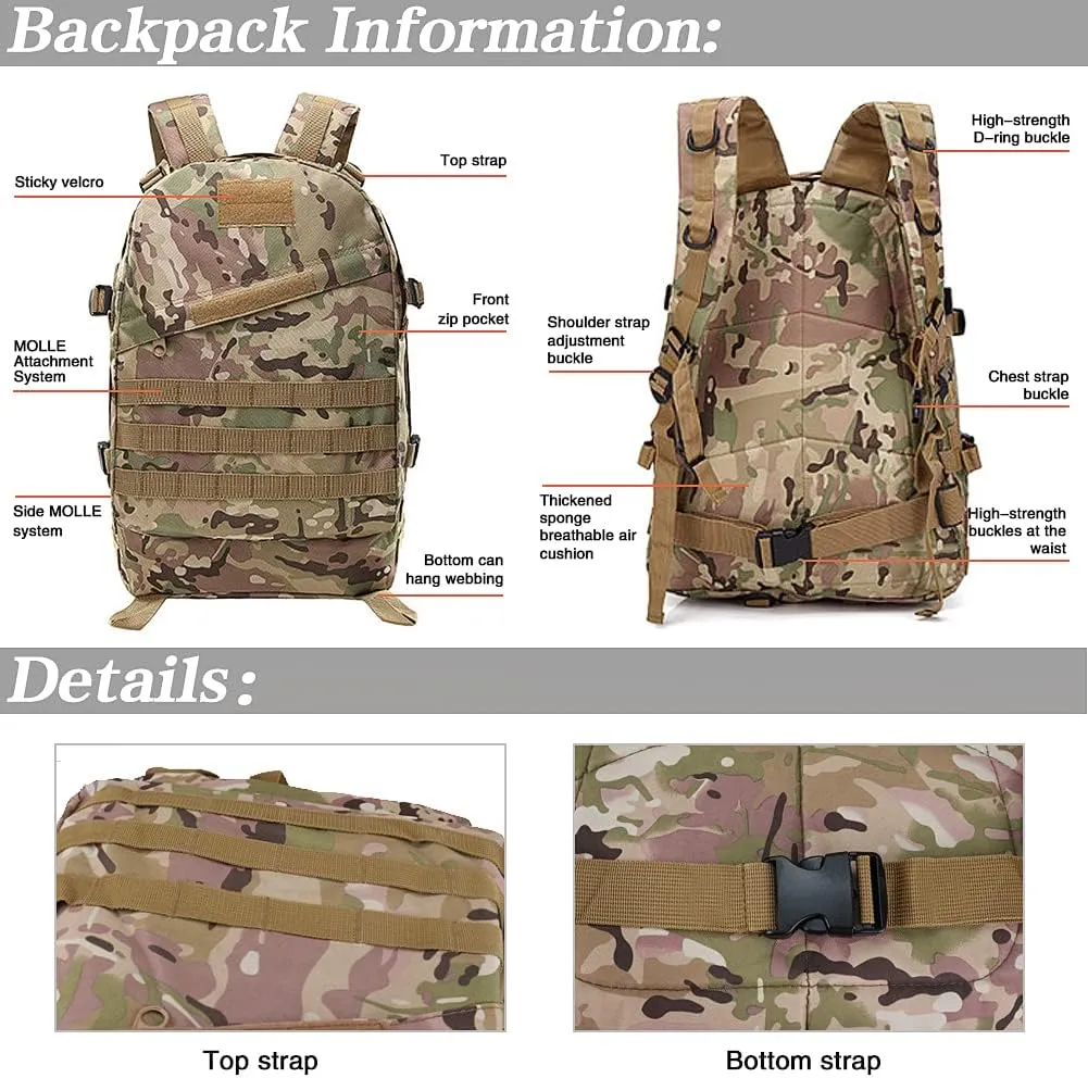 LIMHOO Camo Backpack, 40L Military Tactical Backpack, Hiking Trekking Rucksack with USA Flag Patch (CP Camo)