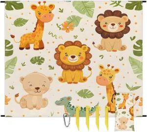 Lion Giraffe Crocodile Beach Blanket, Sandproof Beach Mat, 68 x 59 Waterproof Quick Drying Sand Free Mat with 4 x Ground Spikes for Outdoor Travel Camping Hiking, Forest Animals