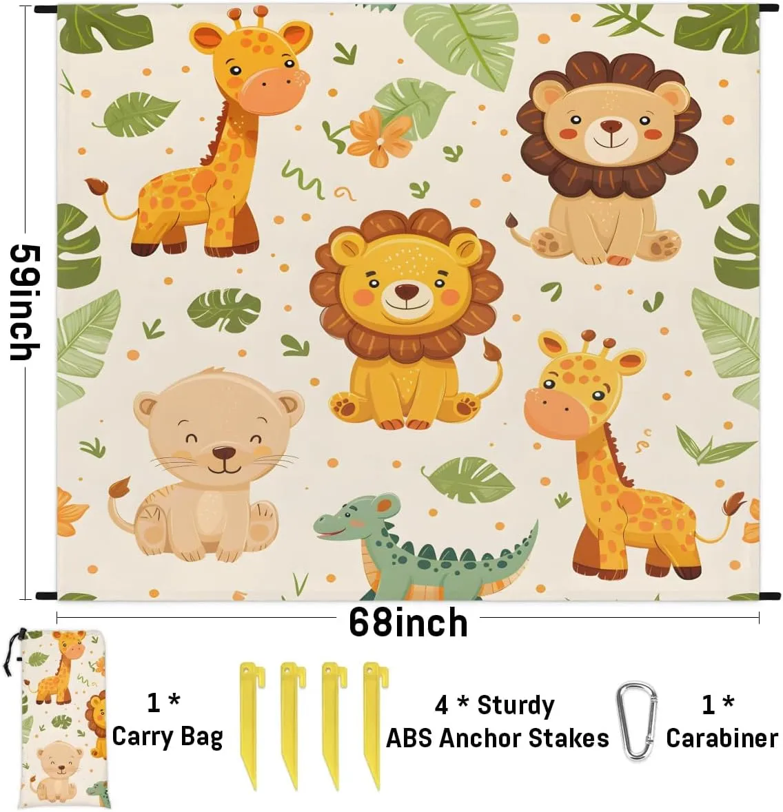 Lion Giraffe Crocodile Beach Blanket, Sandproof Beach Mat, 68 x 59 Waterproof Quick Drying Sand Free Mat with 4 x Ground Spikes for Outdoor Travel Camping Hiking, Forest Animals