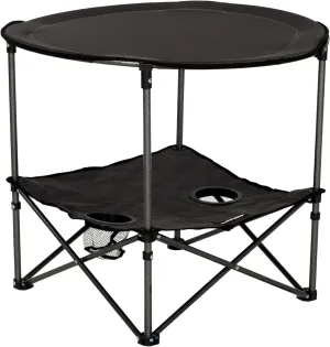 Lippert Dark Grey Two-Tier Folding Camping Table with Dual Cupholders, 600D Polyester Fabric, Powder-Coated Steel Frame, Foldable Design, Lightweight Construction, Zippered Carry Bag - 2023053720