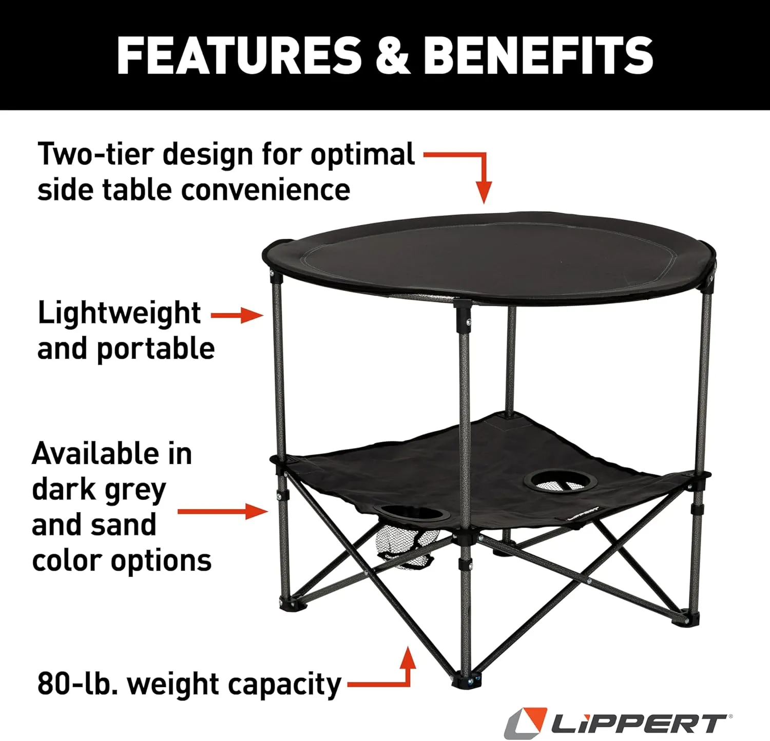 Lippert Dark Grey Two-Tier Folding Camping Table with Dual Cupholders, 600D Polyester Fabric, Powder-Coated Steel Frame, Foldable Design, Lightweight Construction, Zippered Carry Bag - 2023053720