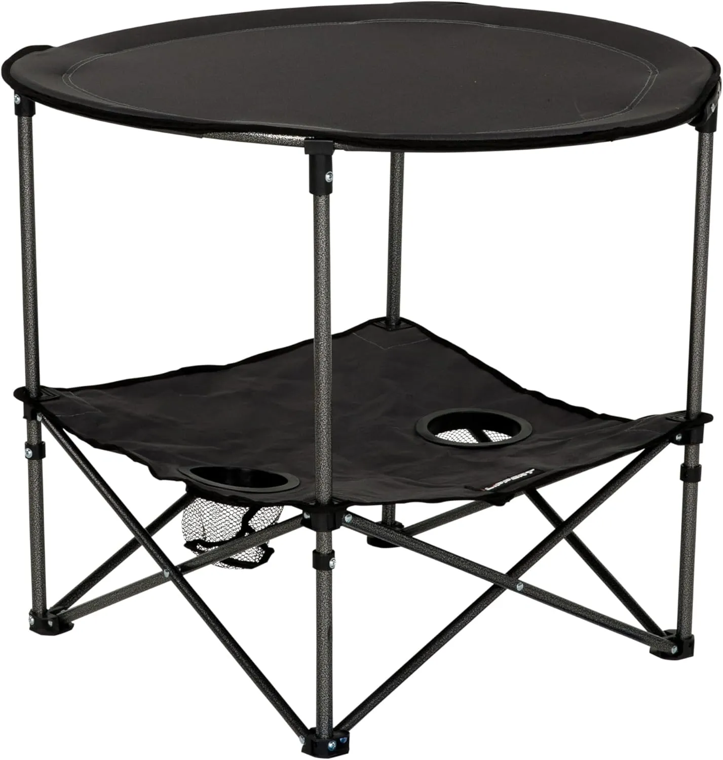 Lippert Dark Grey Two-Tier Folding Camping Table with Dual Cupholders, 600D Polyester Fabric, Powder-Coated Steel Frame, Foldable Design, Lightweight Construction, Zippered Carry Bag - 2023053720