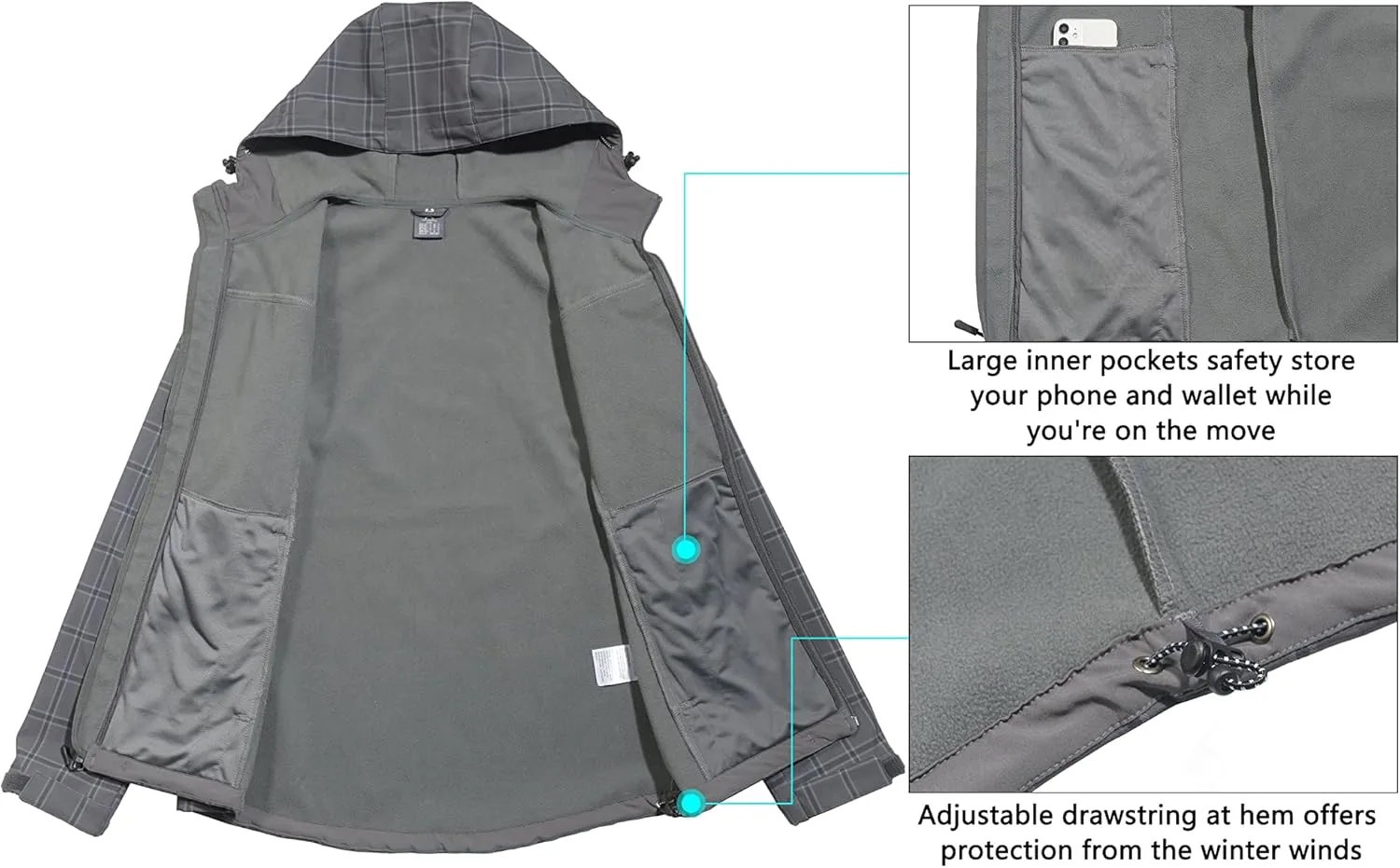 Little Donkey Andy Men’s Softshell Jacket with Removable Hood, Fleece Lined