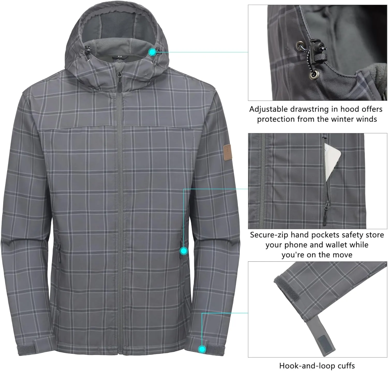 Little Donkey Andy Men’s Softshell Jacket with Removable Hood, Fleece Lined