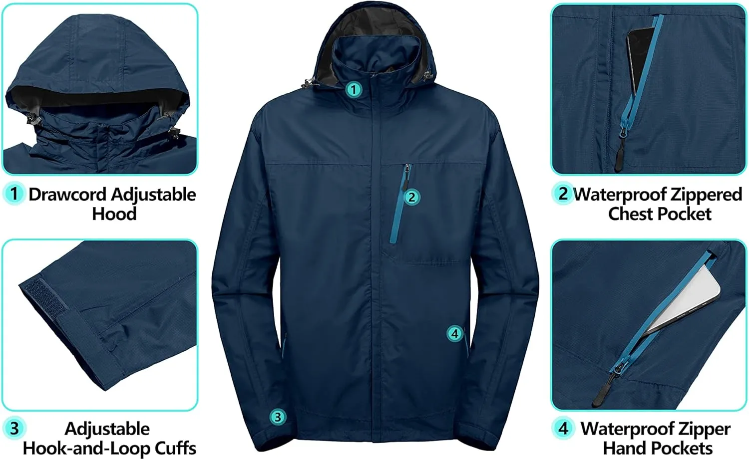 Little Donkey Andy Men's Waterproof Rain Jacket with Detachable Hood Outdoor Raincoat for Hiking Travel Cycling