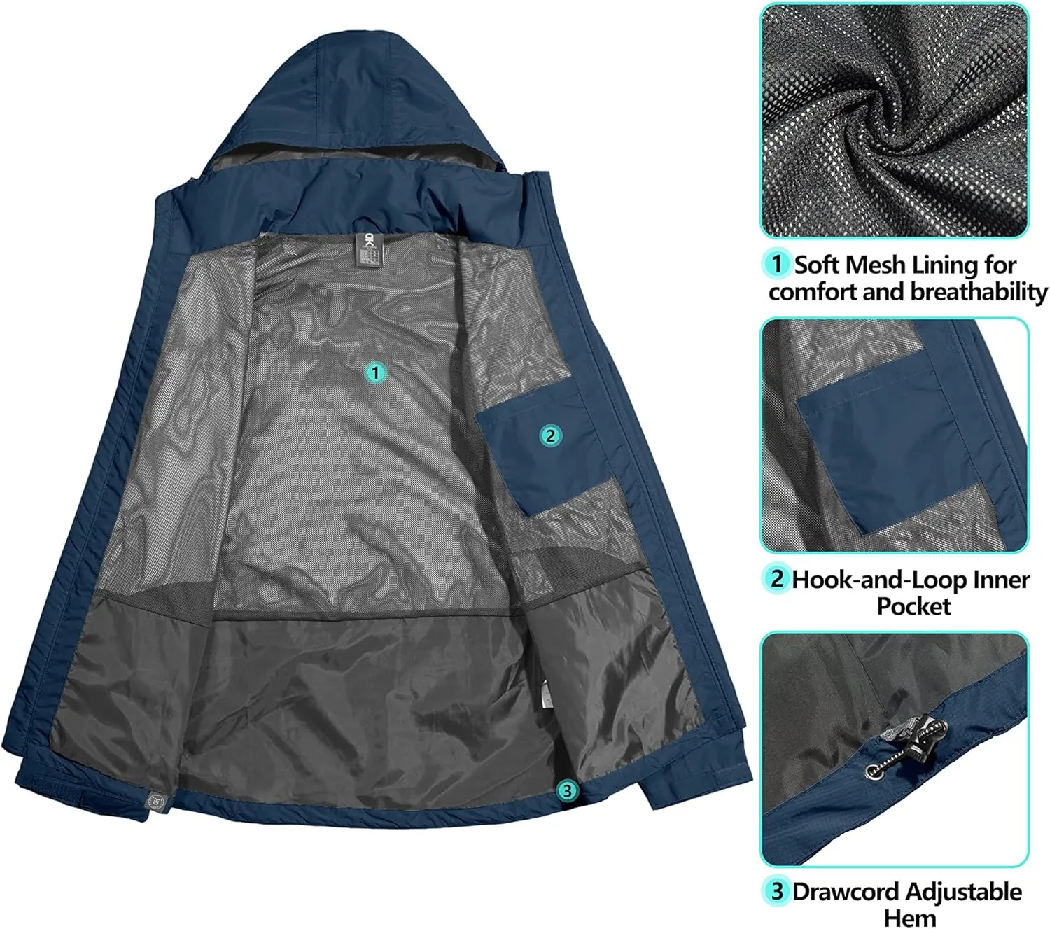 Little Donkey Andy Men's Waterproof Rain Jacket with Detachable Hood Outdoor Raincoat for Hiking Travel Cycling